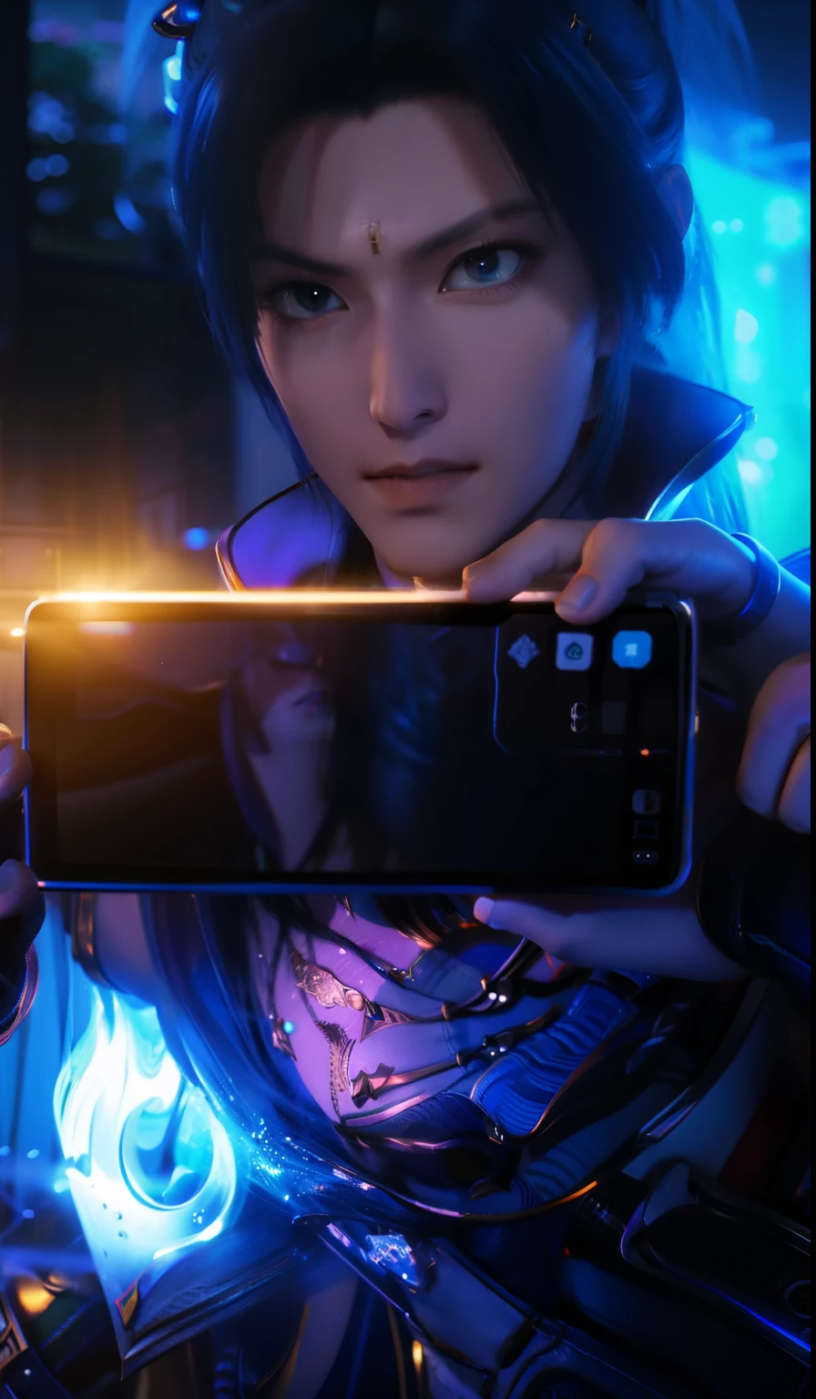 a close up of a person holding a cell phone in their hand, heise jinyao, 2 d cg, octa 8k, holding a very advance phone, cai xukun, game cg, android james, fantasy - n 9, 8k selfie photograph, next gen, inspired by Chen Lu, android phones, inspired by Chen Daofu, inspired by INO