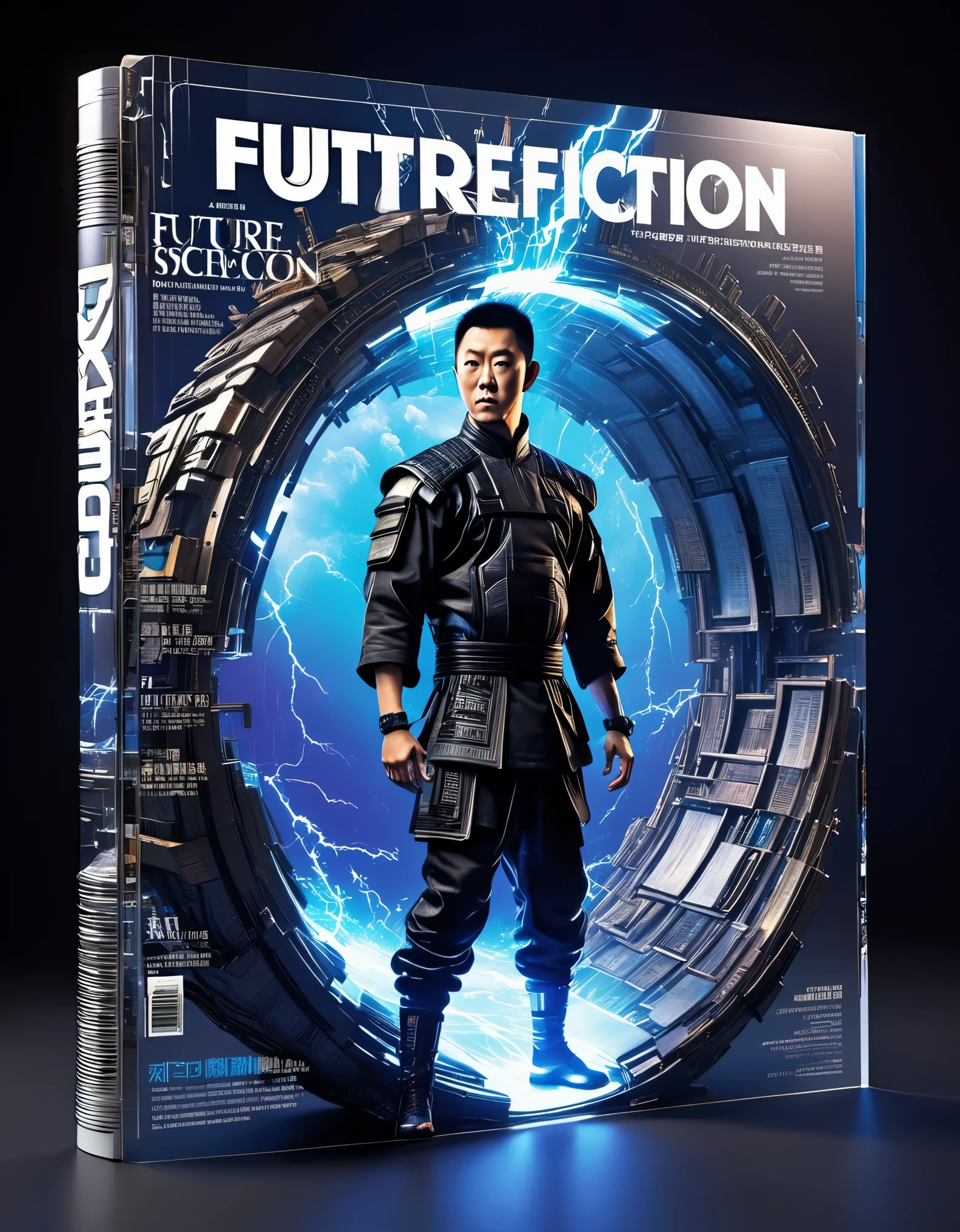 Transparent 3D Future Magazine Design (with a lot of text floating on the cover: 0.85) Photography, macro photography, magazine standing together with 3D handsome Kung Fu 男孩，Looks a lot like actor Jet Li, majestic Kung Fu Kid, punching movements, waterfall like text flash, text flat black and white newspaper text, depth of field, DSLR, complex details, studio lighting, 8k, high-definition, future science fiction magazine, screen magazine, cyberpunk art, 3D book art, Background: Future science fiction world, visual illusion art, blue lightning, light