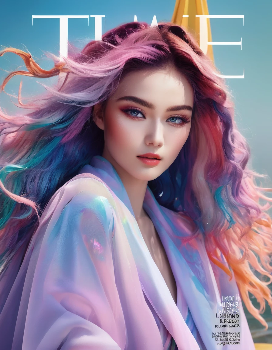 Magazine Cover, aesthetic, time magazine, (a girl with) vibrant colorful hair, striking pose, stylish clothes, confident smile, dynamic background, (high fashion),(realistic),(studio lighting), (best quality,4k,highres), (portrait), (best quality,4k,8k,highres,masterpiece:1.2),ultra-detailed,(realistic,photorealistic,photo-realistic:1.37), glossy finish, vibrant colors, captivating design, professional models, iconic logo, striking typography, dynamic layout, eye-catching headlines, fashion-forward, cutting-edge style, innovative concepts, influential personalities, trendsetting fashion, in-depth articles, thought-provoking content, modern lifestyle, cultural impact, timeless appeal, stylish accessories, glamorous photo shoots, international appeal, diverse perspectives, high-fashion editorials, exclusive interviews, top-notch journalism, exquisite craftsmanship, visual storytelling, captivating cover story, captivating imagery, iconic fashion brands, avant-garde makeup, luxurious fabrics, elegant patterns, high-quality printing, sophisticated layout, trend forecasting, inspiring visuals, stunning art direction, must-read issue.