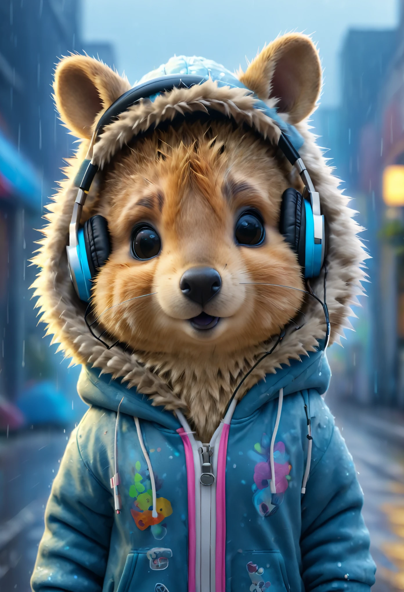 Cute  quokka baby with fluffy fur wearing urban outfit, one hoodie and headphones, The background is modern and inorganic, Adorable Digital Painting, 3d rendered, Bright lighting, Vibrant colors,  outside and raining