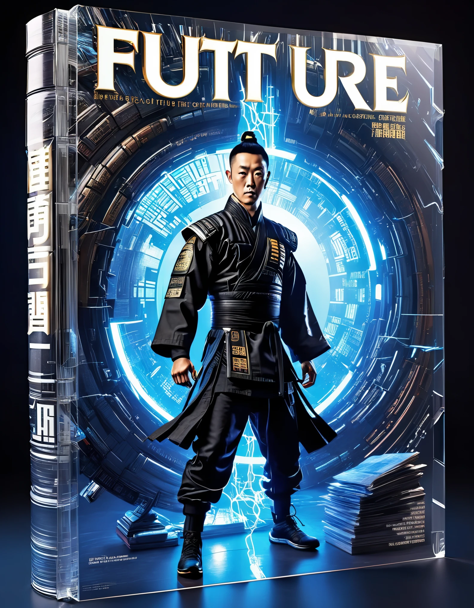 Transparent 3D Future Magazine Design (with a lot of text floating on the cover: 0.85) Photography, macro photography, magazine standing together with 3D handsome Kung Fu 男孩，Looks a lot like actor Jet Li, majestic Kung Fu Kid, punching movements, waterfall like text flash, text flat black and white newspaper text, depth of field, DSLR, complex details, studio lighting, 8k, high-definition, future science fiction magazine, screen magazine, cyberpunk art, 3D book art, Background: Future science fiction world, visual illusion art, blue lightning, light