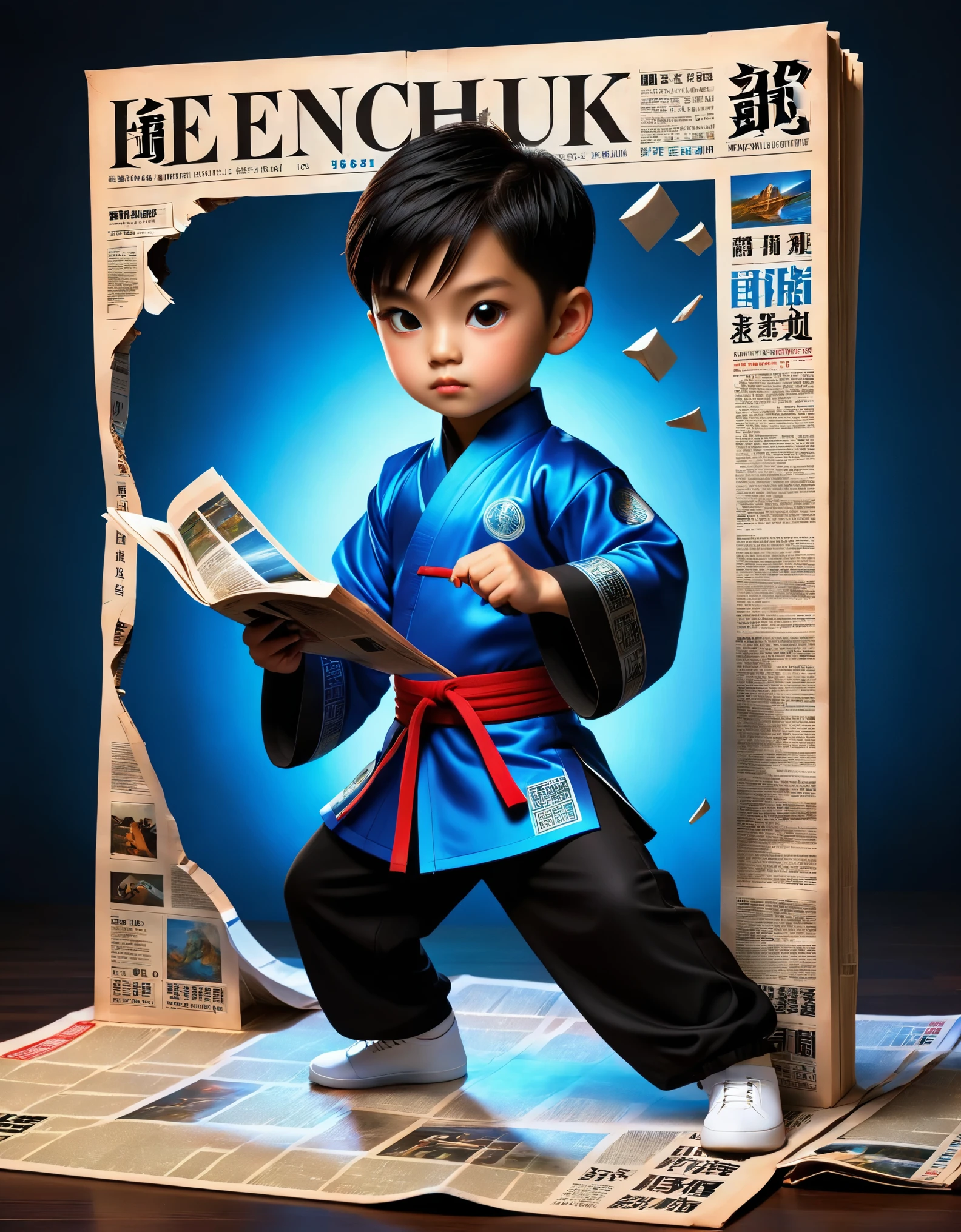 Magic magazine cover design, (a three-dimensional kung fu boy broke through the cover), 坚毅的目Light，big eyes，muscular man，the mighty magic kung fu boy is breaking out of the newspaper, ruptured large hole, the action is vivid, and realistic, the title of the magazine, "Magic Sight," emits a faint magical light, unique and eye-catching black and white fonts and magical runes in the form of inlaid in the cover's borders, the newspaper，Optical illusion art，blue lightning，Light，Very unified CG,in style of business card design, beautiful detailed

