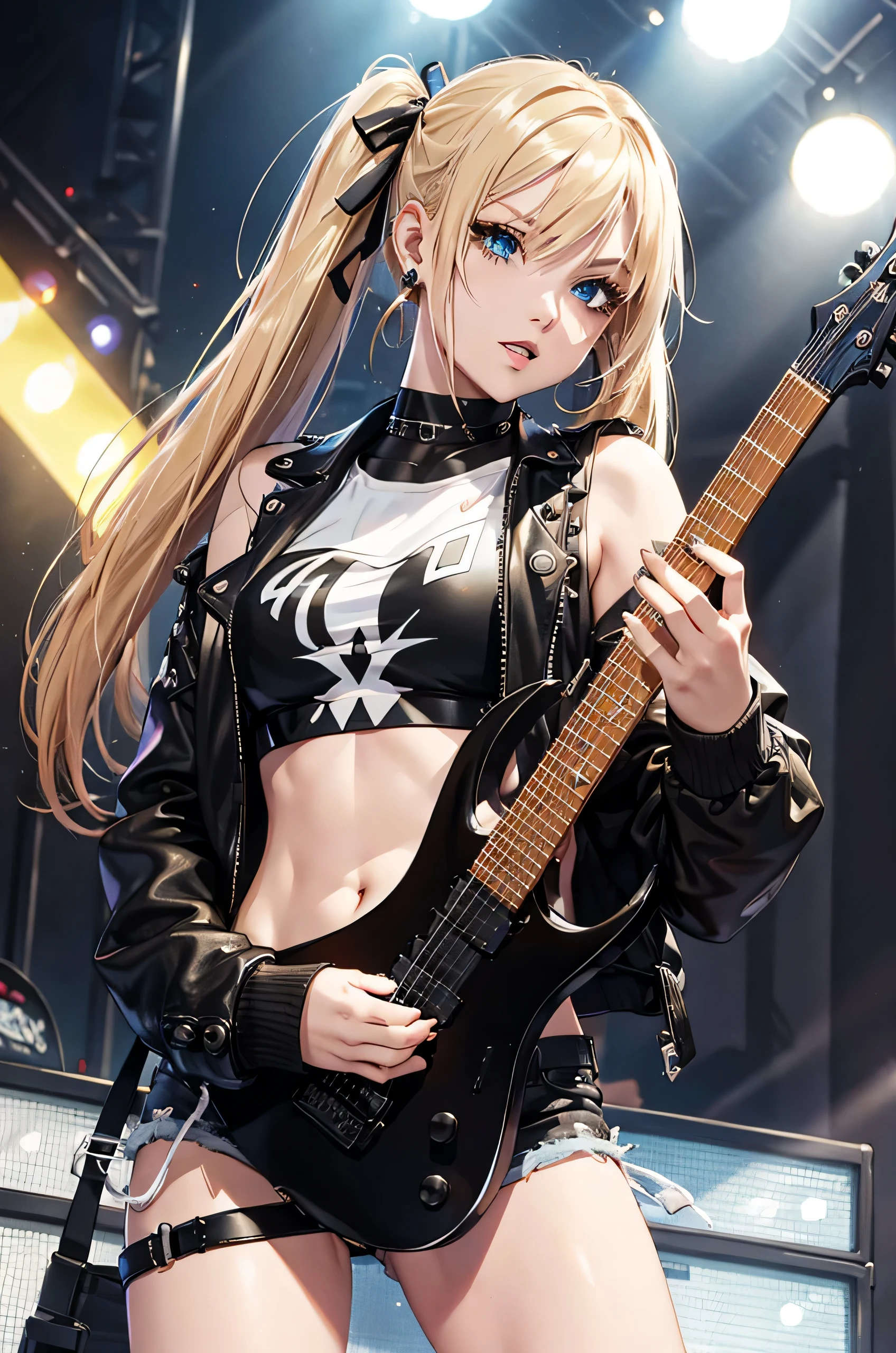 realistic:1.2, Rocker girl wearing a leather jacket,slim body shape、Normal bust size、 highly realistic photograph, full body shot, 12 electric guitars, clothes with spikes,white tank top、Navel exposure、Low-rise leather shorts,tattoo,earrings dark lipstick, blue eyes,Blonde twin tail hair,black ribbon, beautiful and perfect legs, confident look, punk style ,dynamic pose, dynamic lighting, colorful stage,colorful stage lights, Aria Alexa 65, 50MM lens