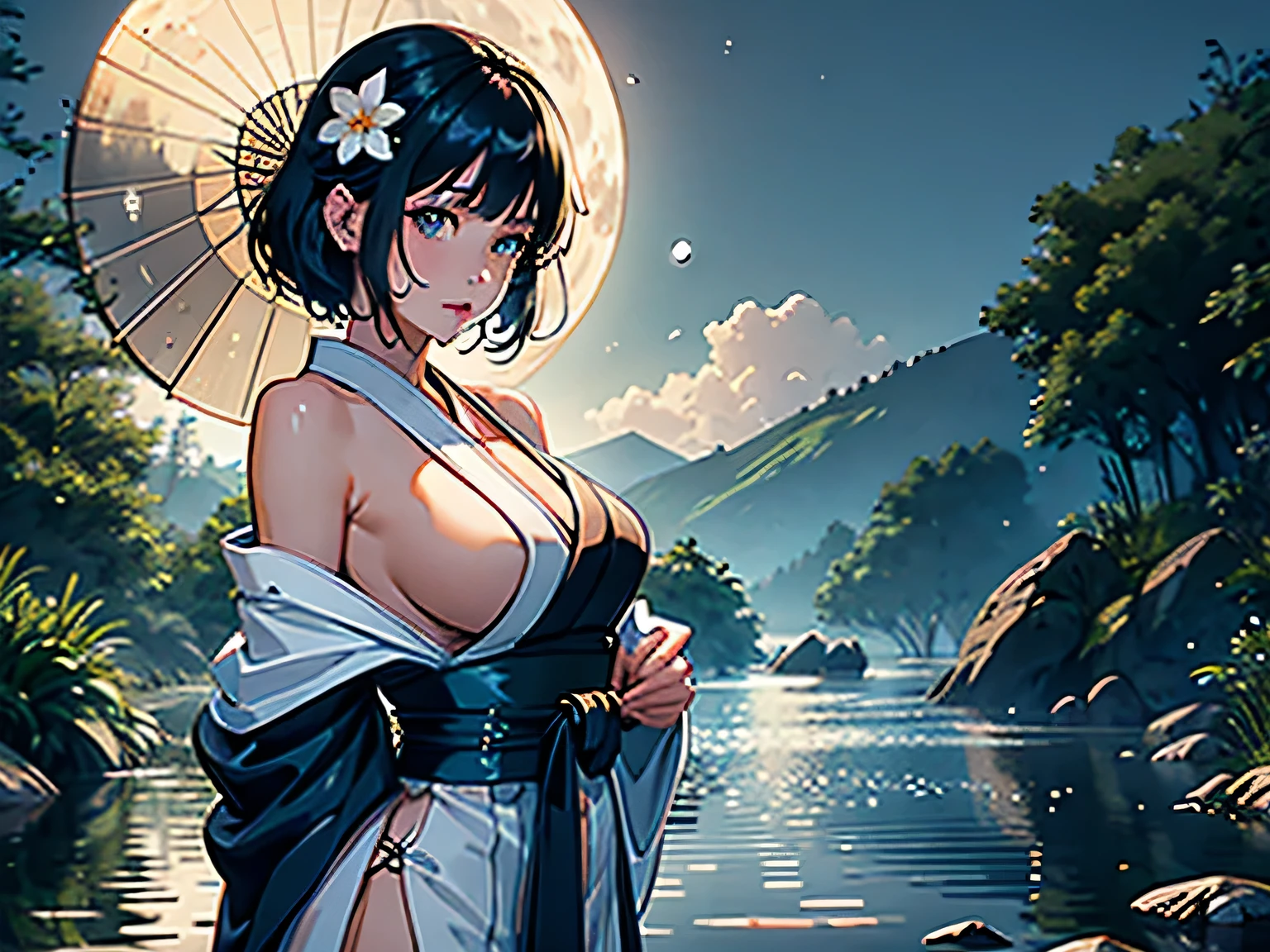 1girl, breasts, moon, lantern, night, solo, large breasts, hair ornament, wet, kimono, japanese clothes, wading, water, hair flower, flower, outdoors, sky, full moon, rain, black hair, off shoulder, mountain, cloud, holding, sash, bare shoulders, paper lantern, standing, white kimono, night sky, sideboob, obi, wet clothes, bangs, tree, from side, reflection, short hair, cloudy sky, wet hair (((masterpiece),(extremely detailed CG unity 8k wallpaper),best quality,,solo,1girl,cinematic lighting,detailed background,beautiful detailed eyes,bright pupils, (an extremely delicate and beautiful),(Beautiful and detailed eye description), ultra-detailed,masterpiece,)),
