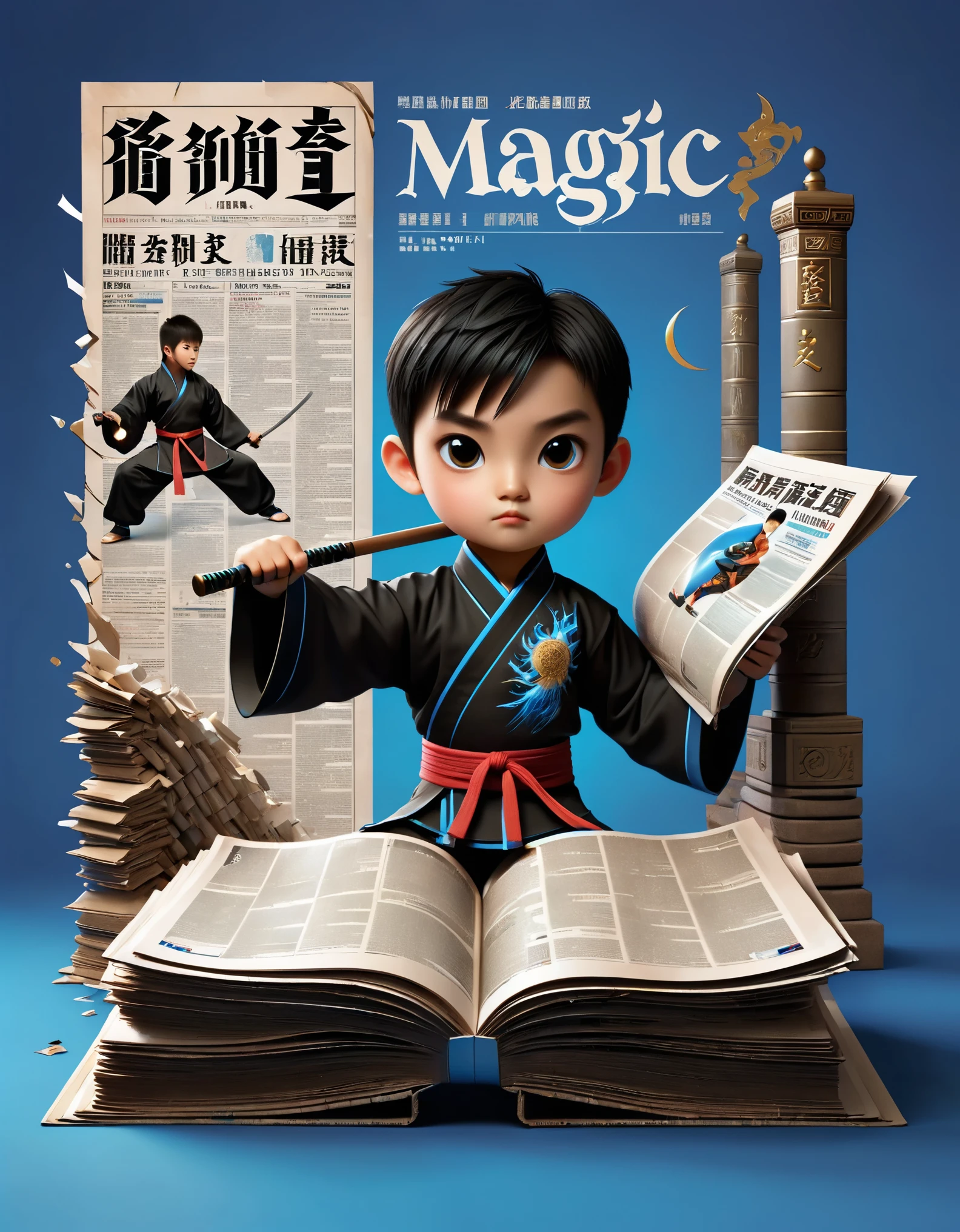 Magic magazine cover design, (a three-dimensional kung fu boy broke through the cover), 坚毅的目Light，big eyes，muscular man，the mighty magic kung fu boy is breaking out of the newspaper, ruptured large hole, the action is vivid, and realistic, the title of the magazine, "Magic Sight," emits a faint magical light, unique and eye-catching black and white fonts and magical runes in the form of inlaid in the cover's borders, the newspaper，Optical illusion art，blue lightning，Light，Very unified CG,in style of business card design, beautiful detailed

