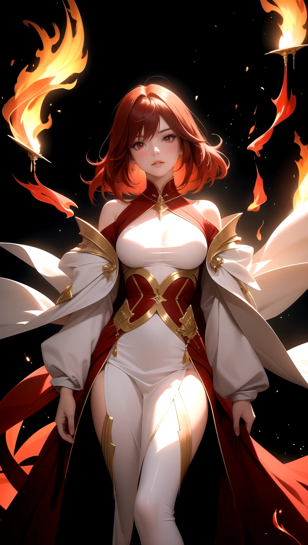 (masterpiece, best quality), 1girl, red hair, red eyes, fantasy, flames, burning, Sorceress-inspired high-collar gowns with shimmering fabrics, magic, light particle, messy hair,