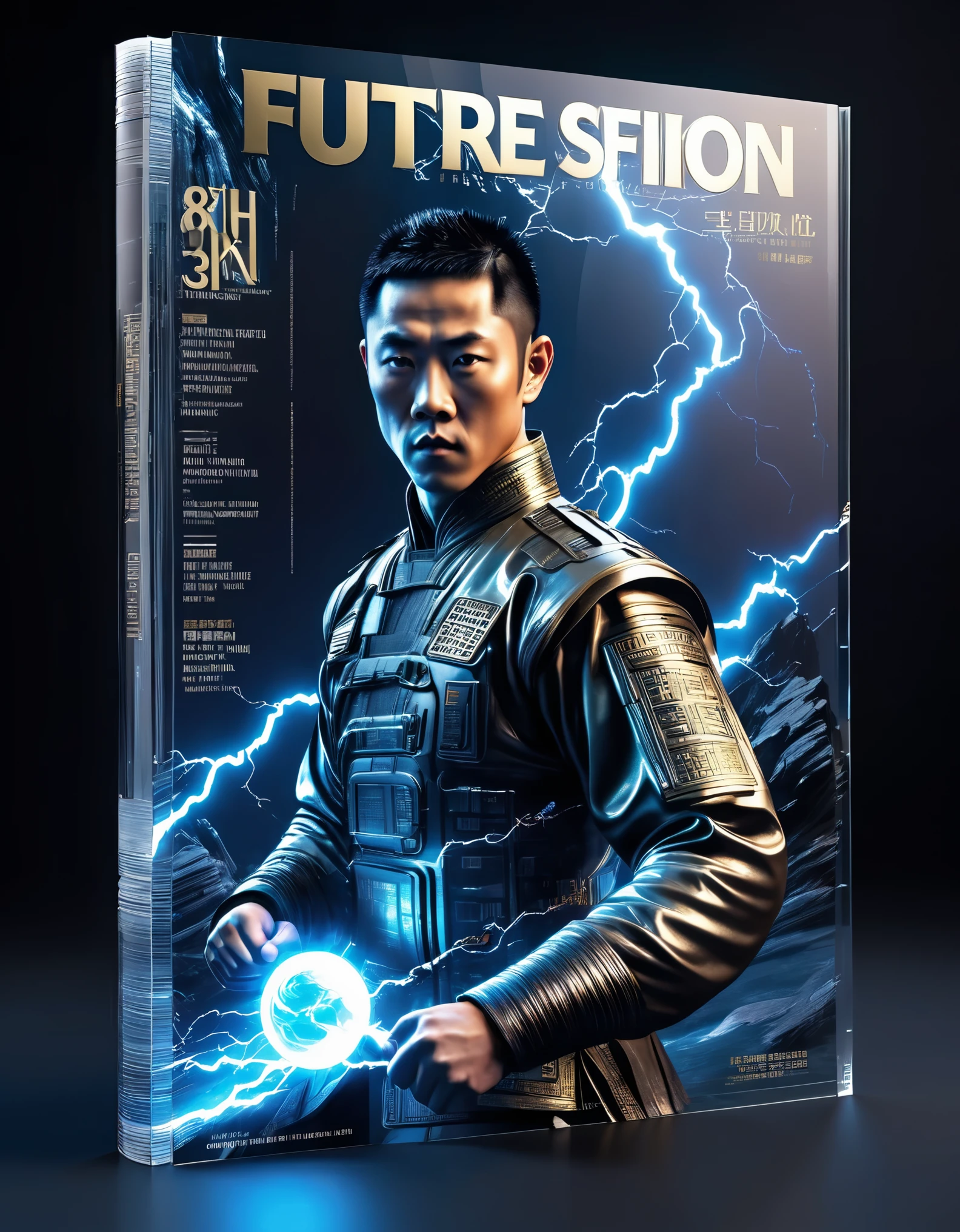 Transparent 3D Future Magazine Design (with a lot of text floating on the cover: 0.85) Photography, macro photography, magazine standing together with 3D handsome Kung Fu 男孩，Looks a lot like actor Jet Li, majestic Kung Fu Kid, punching movements, waterfall like text flash, text flat black and white newspaper text, depth of field, DSLR, complex details, studio lighting, 8k, high-definition, future science fiction magazine, screen magazine, cyberpunk art, 3D book art, Background: Future science fiction world, visual illusion art, blue lightning, light