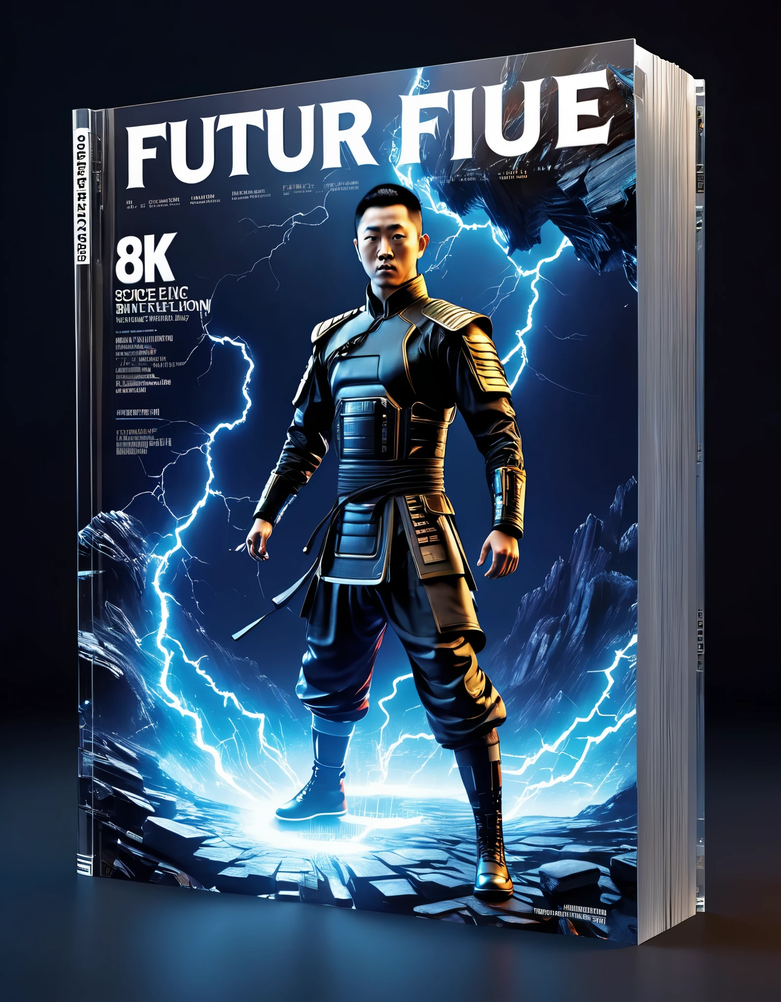 Transparent 3D Future Magazine Design (with a lot of text floating on the cover: 0.85) Photography, macro photography, magazine standing together with 3D handsome Kung Fu 男孩，Looks a lot like actor Jet Li, majestic Kung Fu Kid, punching movements, waterfall like text flash, text flat black and white newspaper text, depth of field, DSLR, complex details, studio lighting, 8k, high-definition, future science fiction magazine, screen magazine, cyberpunk art, 3D book art, Background: Future science fiction world, visual illusion art, blue lightning, light