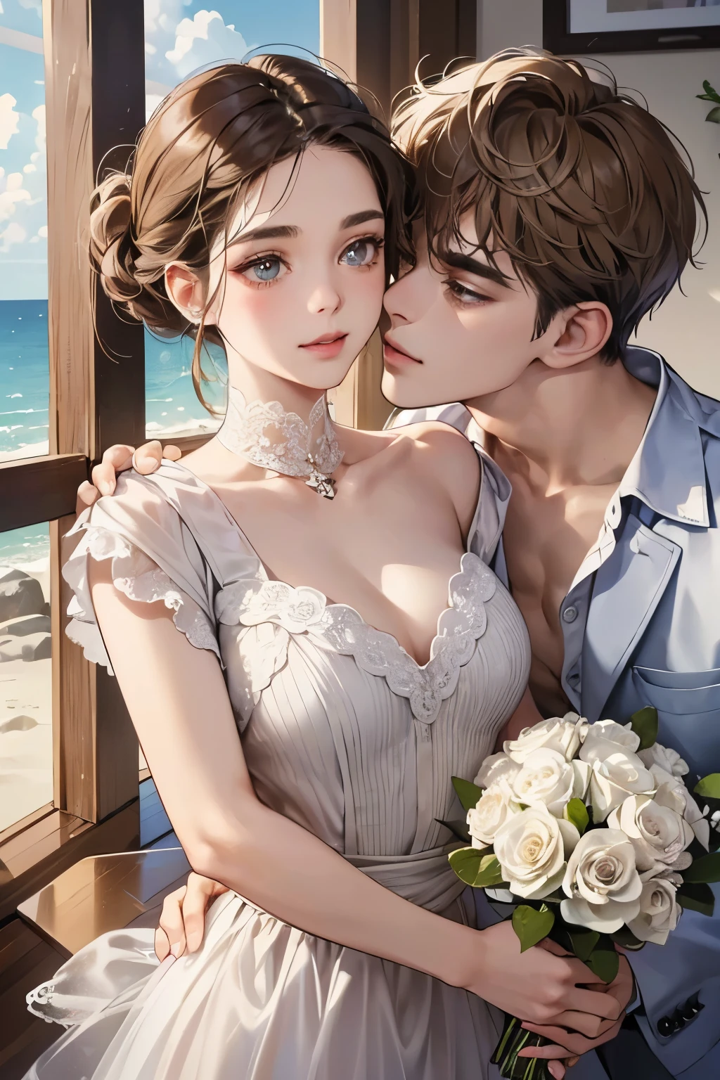 (table top, digital art, digital illustration, 4k, 8k, super detailed, beautiful images, clear image, realistic, RAW photo, perfect face, perfect lines, perfect eyes, soft lighting) 1 female, (light brown hair,chignon hair,innocent look,droopy eyebrows,droopy eyes,With a round face,round chin、innocence,cute,Big eyes,natural makeup,smile gently,E cup,23 years old:1.3),Two handsome men in suits, (human,man wearing a suit,muscular,solid shoulder width,adult male,boyish hairstyle,A man in his 30s with a cool expression,28 year old man with a bright smile:1.2),coastal、beach wedding,(embarrassing,shy smile,bouquet:1.2),Sea side、kiss、カップルkiss、romance porn、couple looking at each other、couple hugging each other