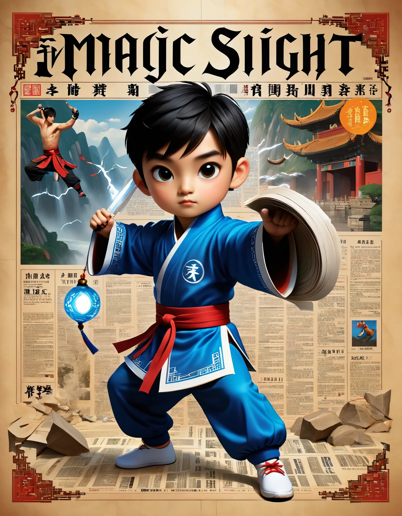 Magic magazine cover design, (a three-dimensional kung fu boy broke through the cover), 坚毅的目Light，big eyes，muscular man，the mighty magic kung fu boy is breaking out of the newspaper, ruptured large hole, the action is vivid, and realistic, the title of the magazine, "Magic Sight," emits a faint magical light, unique and eye-catching black and white fonts and magical runes in the form of inlaid in the cover's borders, the newspaper，Optical illusion art，blue lightning，Light，Very unified CG,Cartoon，Pixar，，

