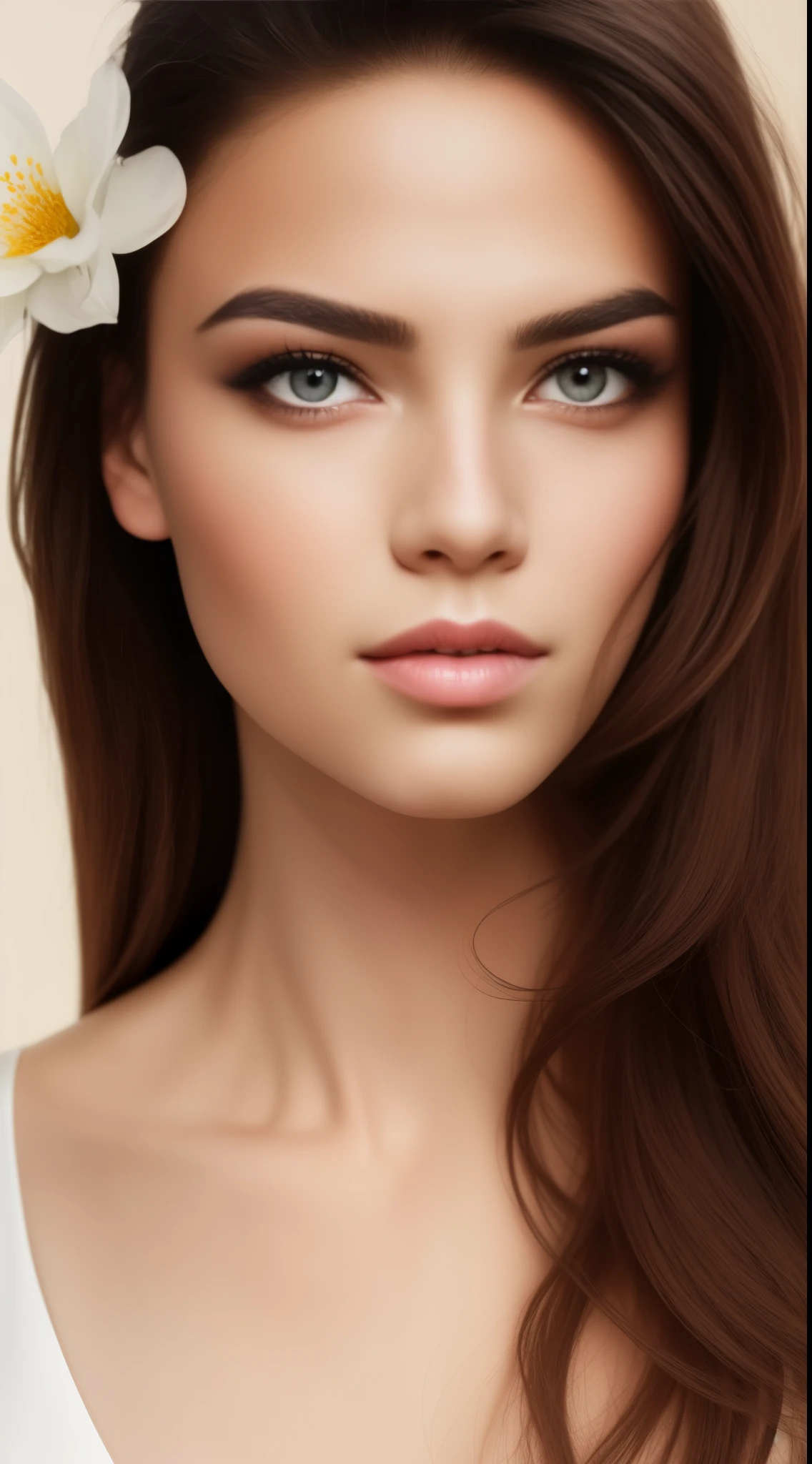 face close-up,beautiful woman,Fashion,Fashion jewelry,flower,simple background,premium photography,Realistic style,Award-winning works
