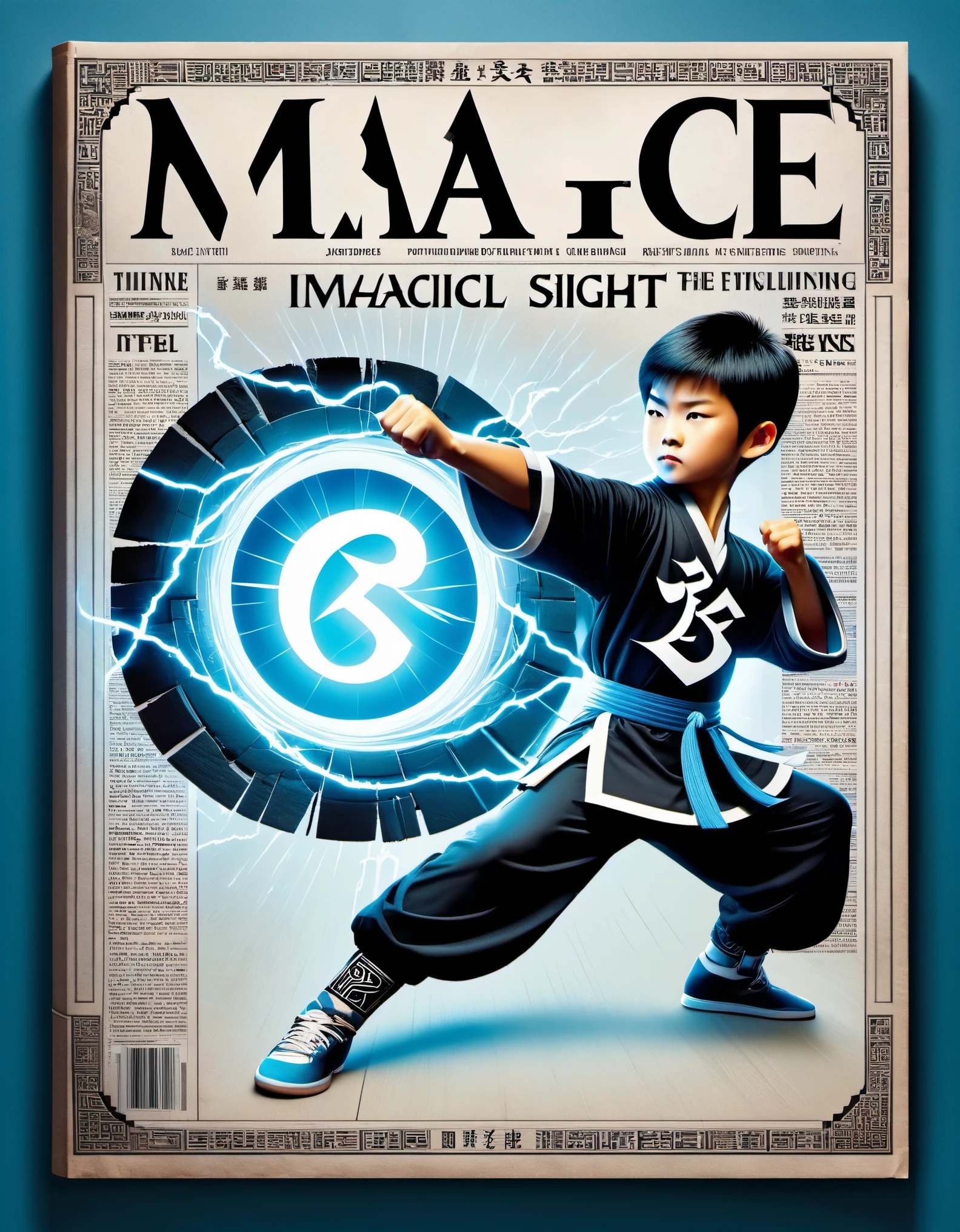 Magic magazine cover design, (a three-dimensional kung fu boy broke through the cover), strong,mighty,bodybuilding,the mighty magic kung fu boy is breaking out of the newspaper, ruptured large hole, the action is vivid, and realistic, the title of the magazine, "Magic Sight," emits a faint magical light, unique and eye-catching black and white fonts and magical runes in the form of inlaid in the cover's borders, the newspaper,Optical illusion art,blue lightning,Light