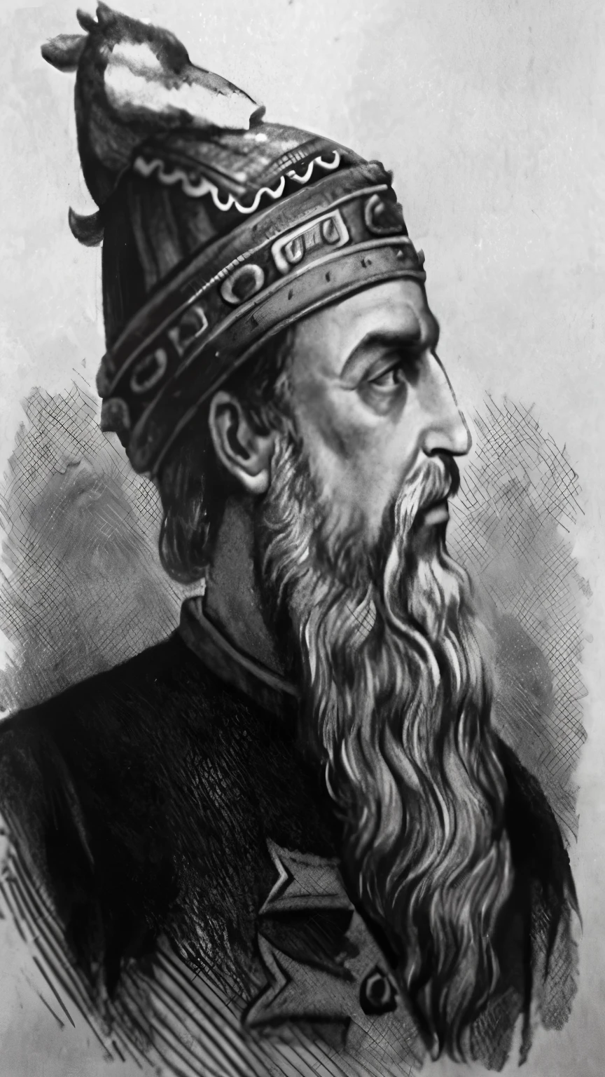 a black and white drawing of a bearded man with a beard, gal yosef, Great King of Stovokor, apollinaris vasnetsov, Portrait of the homeland, Portrait of Merlin, Abraham Teerlink, Herkules, ladislaus eugen petrovit, Wladimir Motsar, giovanni baglione