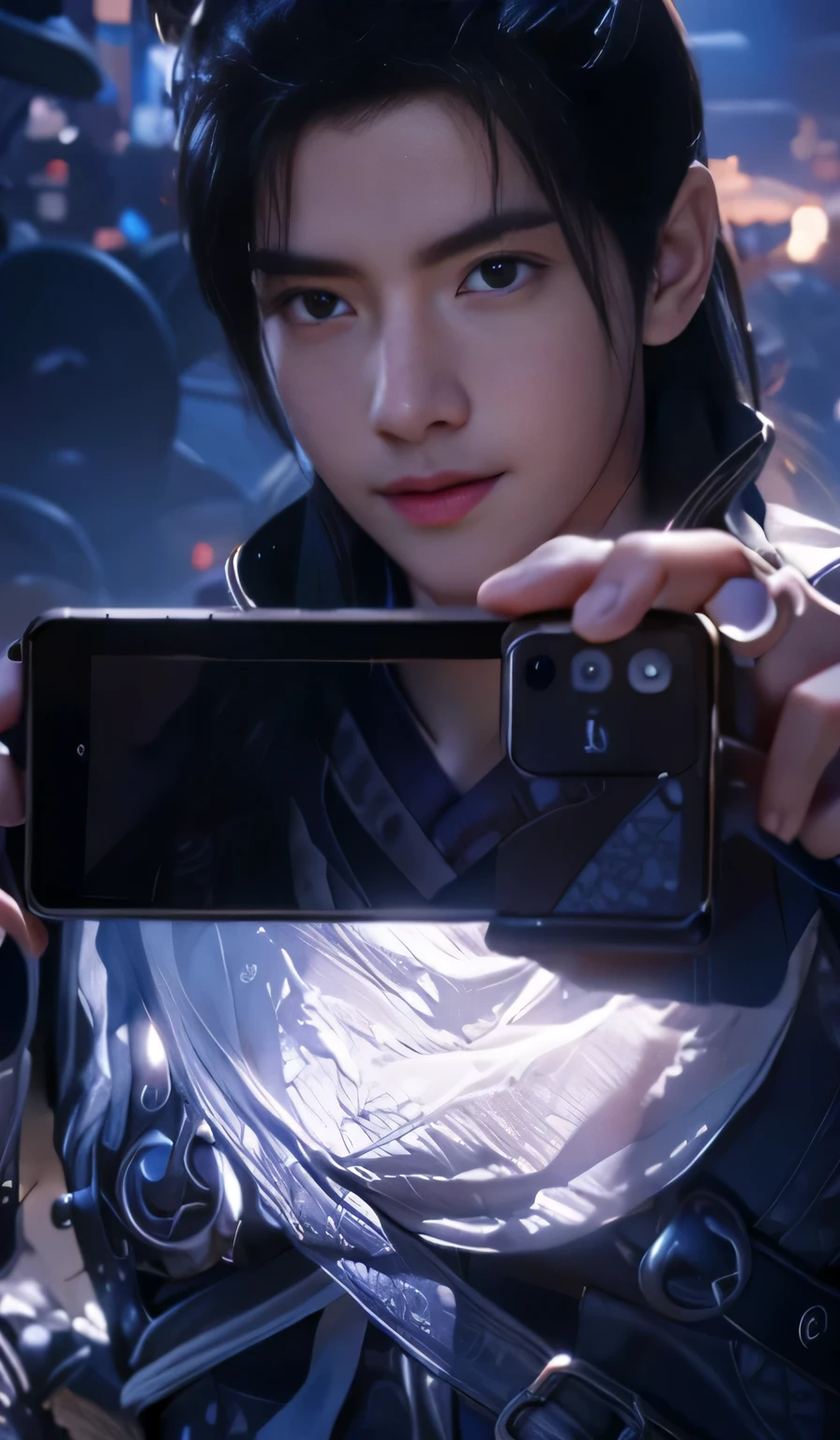 a close up of a person holding a cell phone in their hand, heise jinyao, 2 d cg, octa 8k, holding a very advance phone, cai xukun, game cg, android james, fantasy - n 9, 8k selfie photograph, next gen, inspired by Chen Lu, android phones, inspired by Chen Daofu, inspired by INO