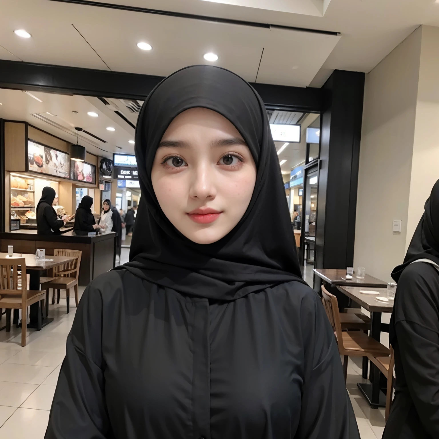 beautiful muslim, hijab, abaya, twirling hijab, japanese girl, 165cm height, natural big breast, black matte hijab, in dinner with me in a busy seafood restaurant in a mall, looking to me,