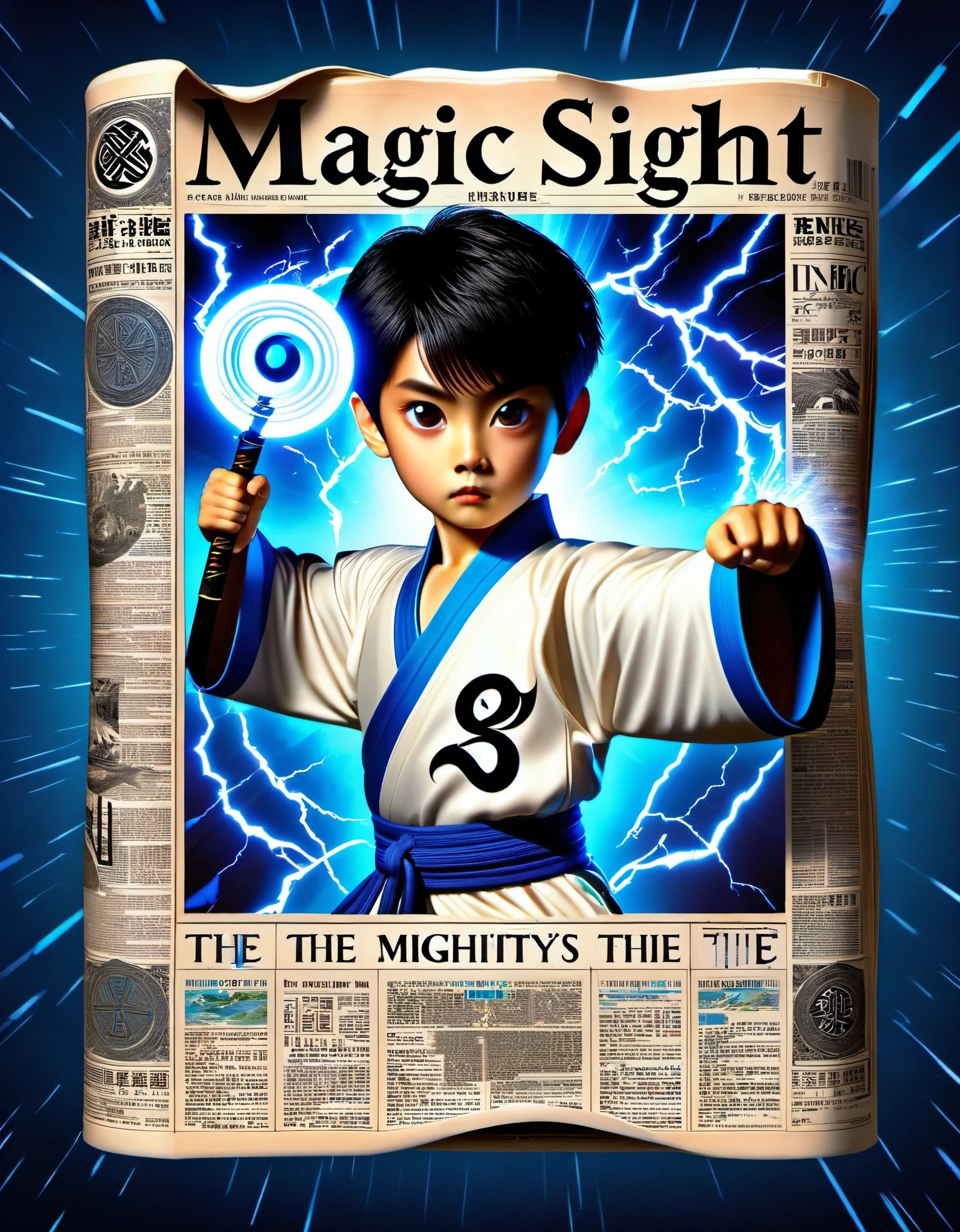 Magic magazine cover design, (a three-dimensional kung fu boy broke through the cover), 坚毅的目Light，big eyes，muscular man，the mighty magic kung fu boy is breaking out of the newspaper, ruptured large hole, the action is vivid, and realistic, the title of the magazine, "Magic Sight," emits a faint magical light, unique and eye-catching black and white fonts and magical runes in the form of inlaid in the cover's borders, the newspaper，Optical illusion art，blue lightning，Light

