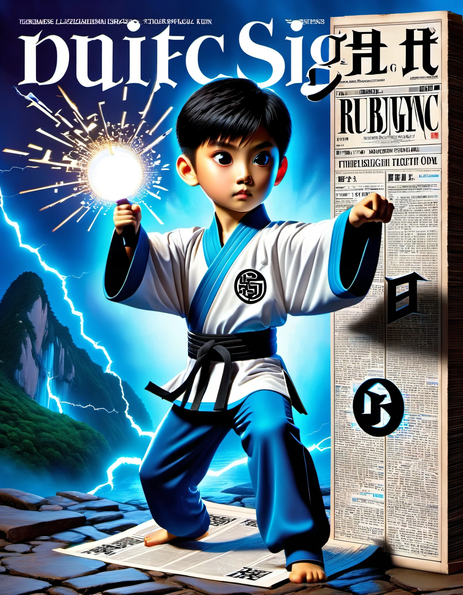 Magic magazine cover design, (a three-dimensional kung fu boy broke through the cover), 坚毅的目Light，big eyes，muscular man，the mighty magic kung fu boy is breaking out of the newspaper, ruptured large hole, the action is vivid, and realistic, the title of the magazine, "Magic Sight," emits a faint magical light, unique and eye-catching black and white fonts and magical runes in the form of inlaid in the cover's borders, the newspaper，Optical illusion art，blue lightning，Light

