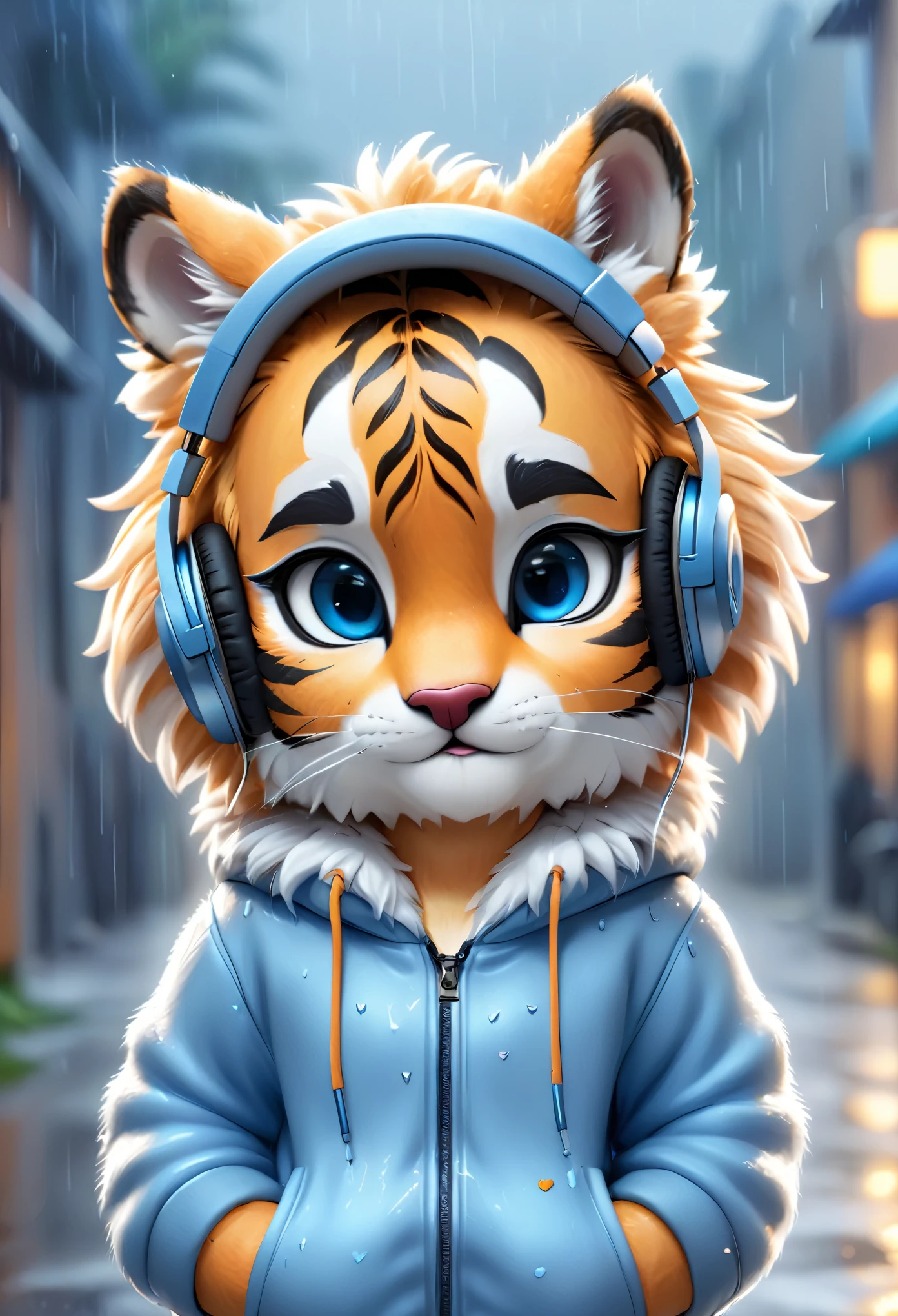Cute tiger with fluffy fur wearing silver blue outfit, one hoodie and headphones, The background is modern and inorganic, Adorable Digital Painting, 3d rendered, Bright lighting, Vibrant colors, outside and raining