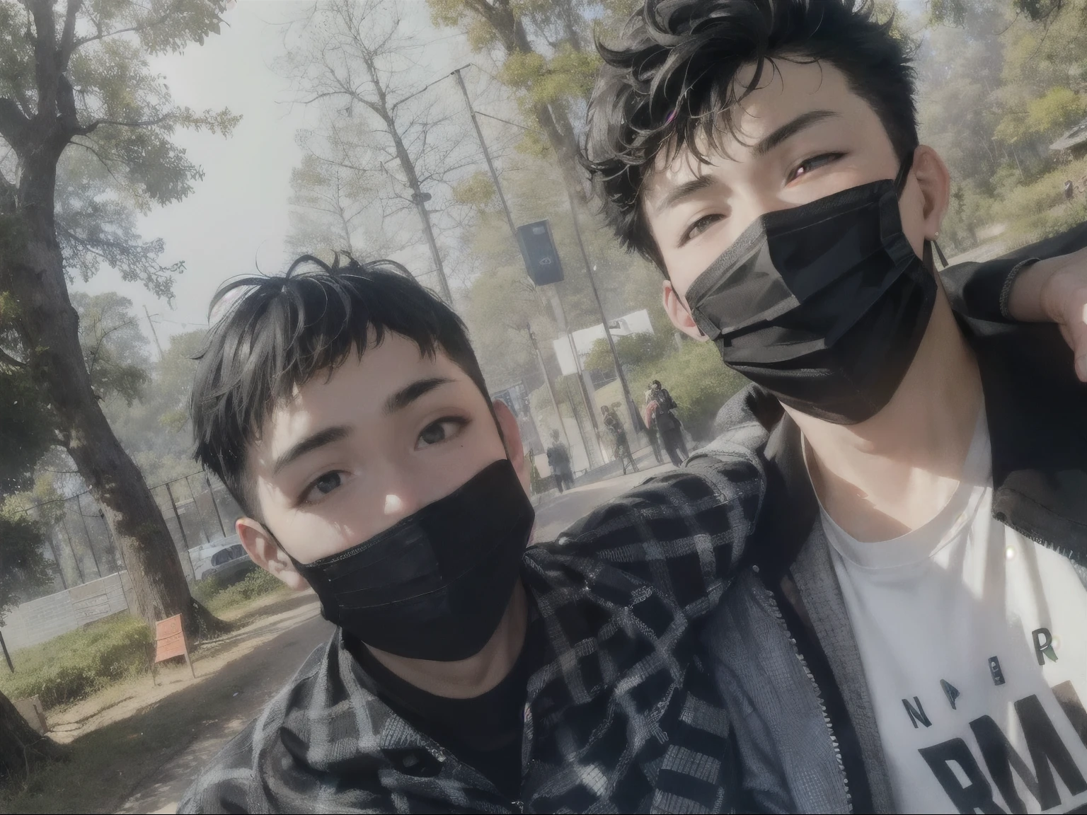 Nice pfp, cute, Anime two boy wearing masks pose for a picture in a park, wearing all black mempo mask, wearing mask, wearing facemask, ruan jia and fenghua zhong, alessio albi and shin jeongho, ruan jia and brom, people are wearing masks, wearing wooden mask, some of them use gask mask, in jungle forest !!!, anime style, aesthetic, cool, anime boy