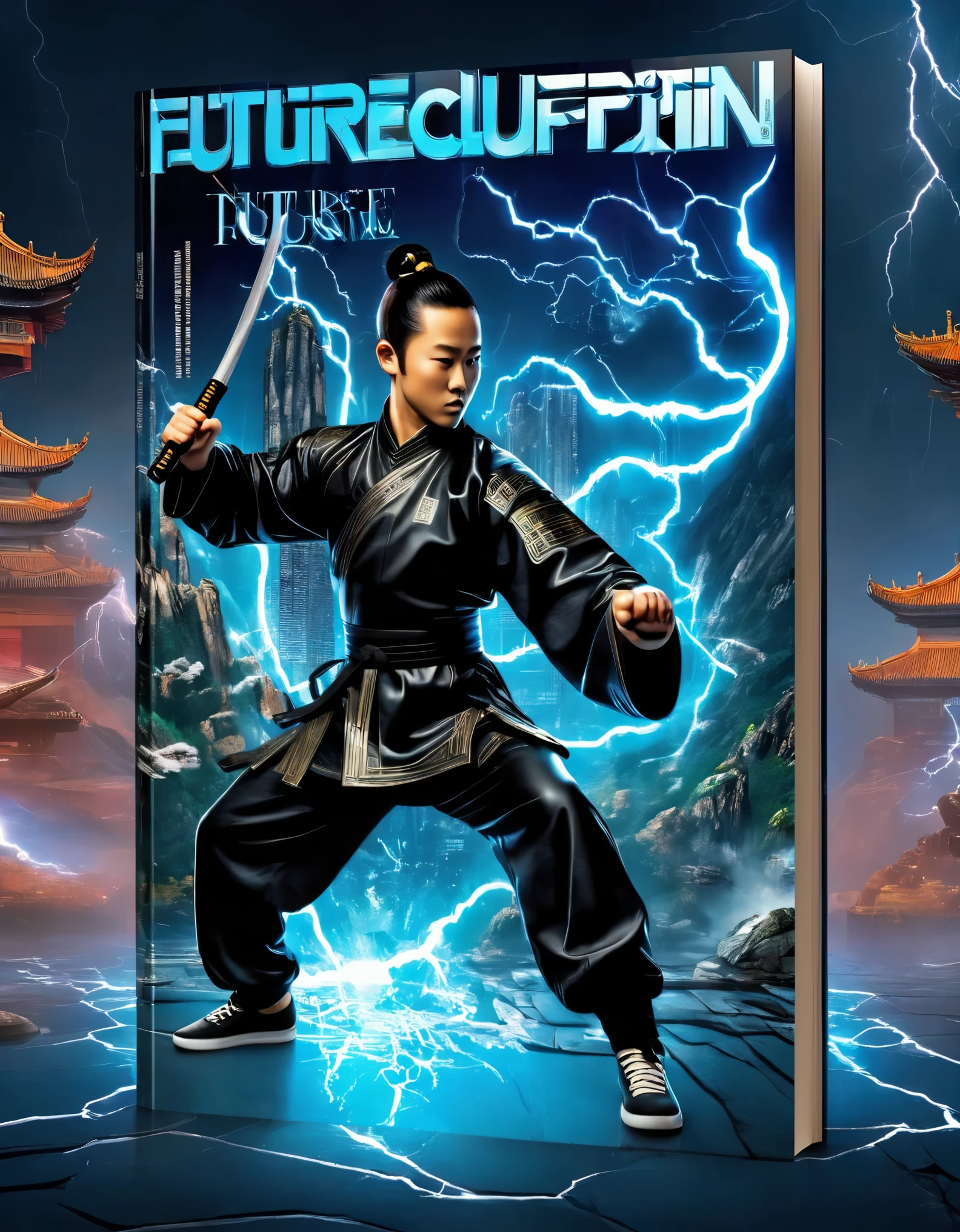 Transparent 3D Future Magazine Design (with a lot of text floating on the cover: 0.85) Photography, macro photography, magazine standing together with 3D handsome Kung Fu Kid, strong，mighty，bodybuilding，Jet li，majestic Kung Fu Kid, punching movements, waterfall like text flash, text flat black and white newspaper text, depth of field, DSLR, complex details, studio lighting, 8k, high-definition, future science fiction magazine, screen magazine, cyberpunk art, 3D book art, Background: Future science fiction world, visual illusion art, blue lightning, light