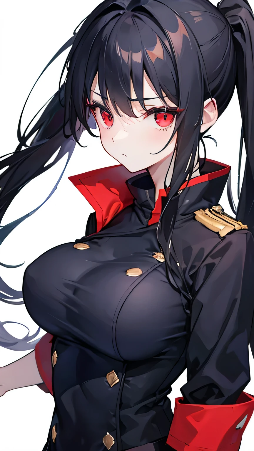 big breasts, black hair, long ponytail, red eyes, navy uniform, white background