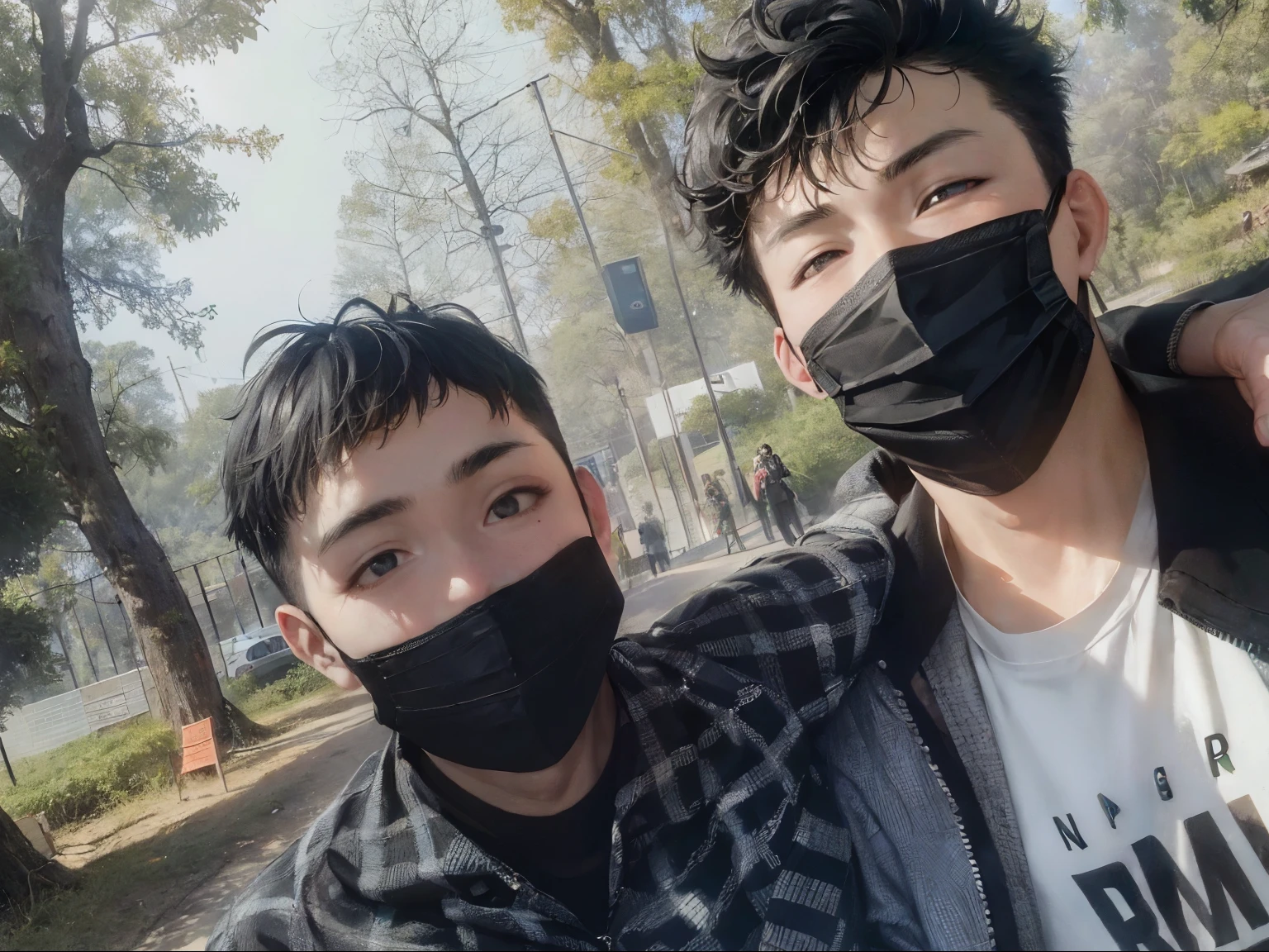 Nice pfp, cute, Anime two boy wearing masks pose for a picture in a park, wearing all black mempo mask, wearing mask, wearing facemask, ruan jia and fenghua zhong, alessio albi and shin jeongho, ruan jia and brom, people are wearing masks, wearing wooden mask, some of them use gask mask, in jungle forest !!!, anime style, aesthetic, cool, anime boy
