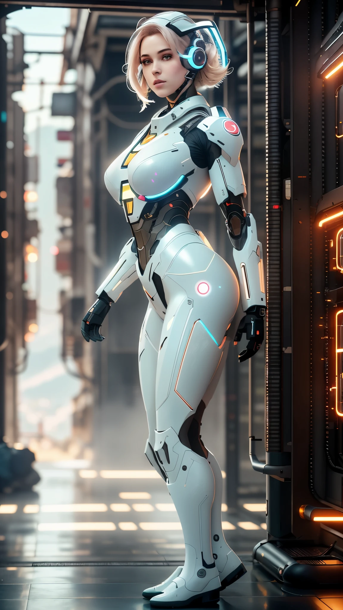 dystopic, [scientific fiction], Foto colorida RAW de alto detalhe, tiro completo, Side angle, de (Beautiful female arterial intelligence, vestindo chemise branco transparente), ao ar livre, standingn, no mirante, olhando para o horizonte da cidade cyberpunk espraiado), toned physique, bunda grande, (pale skinned), rosto perFeito, olhar sedutor, (cyber implants:1.2), (Aumenta), (ciborgue:1.1), (pele detalhada, poros diFusos da pele), silicone, metal, (altamente detalhado,  detalhes Finos, Intrincado), (ReFlexo da lente:0.5), (Florescer:0.5), smog, poeira, (Badlands:0.8), (observatory:0.7), ray tracing, specular illumination, proFundidade de campo rasa, FotograFado em uma lente Sony Alpha 1, SE 85mm, F/2.8, Rigid focus, Filme liso, cinematic still, [Cyberpunk:Orweliano:12]