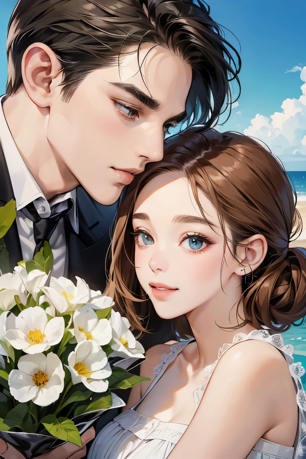 (table top, digital art, digital illustration, 4k, 8k, super detailed, beautiful images, clear image, realistic, RAW photo, perfect face, perfect lines, perfect eyes, soft lighting) 1 female, (light brown hair,chignon hair,innocent look,droopy eyebrows,droopy eyes,With a round face,round chin、innocence,cute,Big eyes,natural makeup,smile gently,E cup,23 years old:1.3),Two handsome men in suits, (human,man wearing a suit,muscular,solid shoulder width,adult male,boyish hairstyle,A man in his 30s with a cool expression,28 year old man with a bright smile:1.2),coastal、beach wedding,(embarrassing,shy smile,bouquet:1.2),Sea side、kiss、カップルkiss、romance porn、couple looking at each other、couple hugging each other