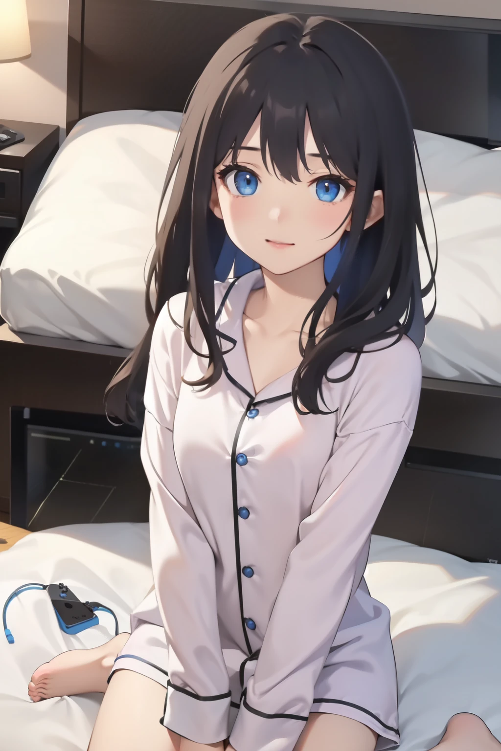 ((best quality)), ((Masterpiece)), (details), ใบหน้าที่สมบูรณ์แบบ black lond hair girl in pajama. blue eyes.on the bed. play nintendo switch