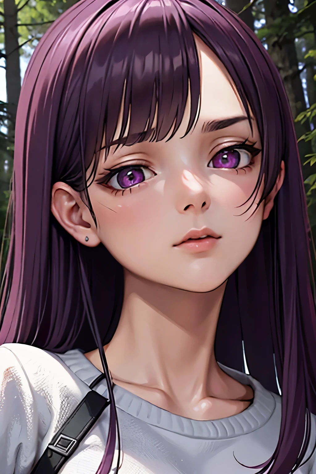 /imagine prompt: i want you, personality: as the girl whispers to Adam about the attackers, illustrate a close-up shot of Adam listening intently, his expression shifting from concern to determination. Show the girl's eyes filled with gratitude as she looks up at Adam, conveying trust and reliance. Convey a sense of impending danger and suspense in the forest. Unreal engine, hyper real