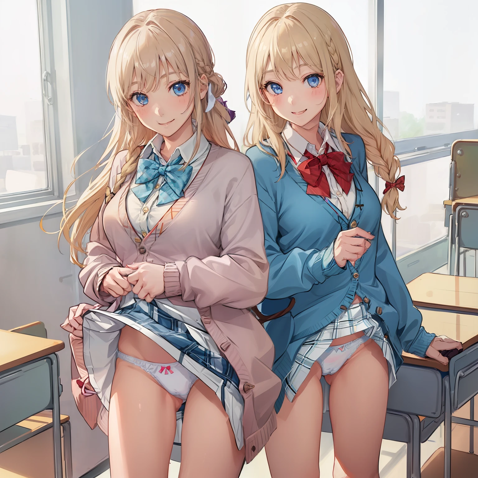 ((1 girl:1.5))、(smile:1.5)、small breasts、(cowboy shot)、(fun!!)、(白いcardigan:1.5)、(blonde)、blush、(single braid)、(eye highlights:1.3)、blake black shoes,(黒いskirt)、bow, button, shirt with collar, long sleeve, ((red bow tie, , black jacket, open jacket, cardigan, white shirt, 黒のskirt, チェック柄のskirt、white socks)),, shirt,, skirt, socks, thighs, white shirt, Rest indoors, ((classroom:1.5))、 BREAK while watching the audience、(skirtを掴む:1.0)、 (perfect hands, perfect anatomy),cowboy shot、(skirtlift:1.3),(highly detailed white panties:1.3)、(highly detailed panties:1.3)、、(skirt that rolls up:1.3)、(fully exposed panties:1.5)、blue eyes