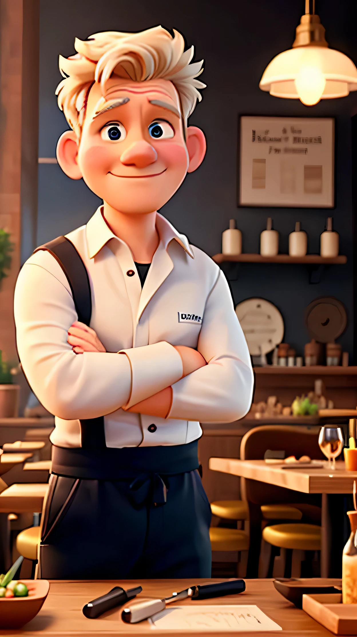 Gordon Ramsay in a restaurant, dressed as a chef, looking at the camera. Disney Pixar style