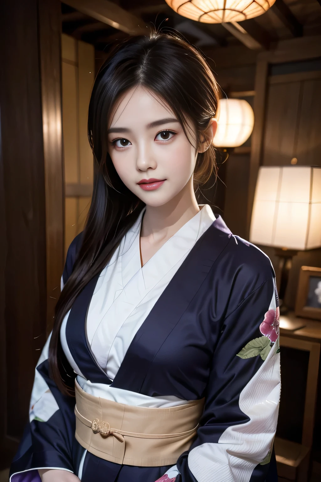 masterpiece, ultra high res, (photorealistic:1.4), 8k, RAW photo, best quality, detailed shadow, amazing, finely detail, official art, absurdres, sharp focus, upper body shot, (ultra-detailed), highly detailed portrait of a beautiful queen, 
BREAK, 
1girl、Japan Germans、Indian Beauty、Dark mascara、big eye、drooping eyes, Dark eyeliner、Dark red rouge、red-lips、chic body、thin-waist、skeletalstraight、Superb Style、, sitting, fetal_position, [upright], curvy, (1girl), ((lips)), (nose), ((long face)), mature female, blossom tree, seductive, elegant, stylish, sultry, sexy, grin, looking at viewer, Beautiful fingertips、Bust is 85 cm、 Taut chest、small-breasted、muscle、((Hourglass figue)), intricate detailes、hightquality、(High class:1.4)、super realistic 8K、face perfect、Perfect、clean、​masterpiece、Professional artwork、famousartwork、face perfect、Beautiful expression、beautidful eyes、hald-up hair、Beautiful woman with refreshing sexiness and outstanding proportions、 A dark-haired、clothes shiny、
BREAK, 
(wearing a oiran outfit:1.3), (dark-purple kimono out fit:1.3),  (Japanese clothes:1.3),  laurel crown, (chiton:0.7), flowers, 
BREAK, 
textured, patterned, cinematic, trending on artstation, dynamic posture, wide shot, dramatic lighting:1.1, (gradients), nature, (perfect face), outline, sharp focus, warmth, light particles, (depth of field), (intricate details:1.2), (extremely detailed background), east asian architecture, dynamic lighting, in the dark, deep shadow, low key, intricate detail, detailed skin, pore, highres, hdr, 4k, realistic,