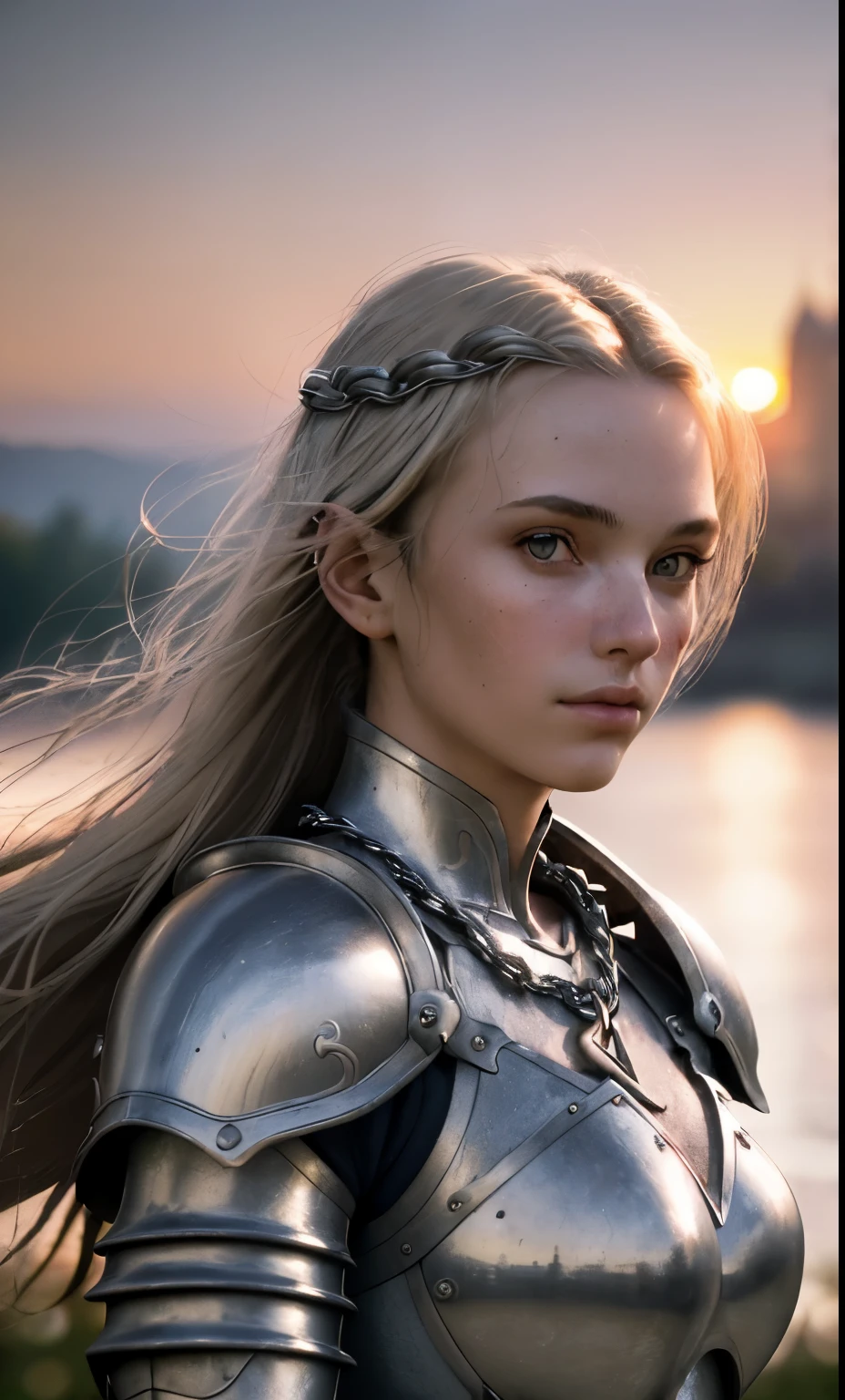 (masterpiece), (extremely complex:1.3), (actual), portrait of a girl, the most beautiful in the world, (medieval armor), metal reflection, Upper body, outdoor, strong sunlight, distant castle, Detailed professional photo of a stunning woman, sharp focus, dramatic, Award-winning, light, Unreal Engine Octane Rendering,  Volumedtx, (film grain, blurred background, Blurred foreground, Bokeh, depth of field, Sunset, motion blur:1.3), chain mail