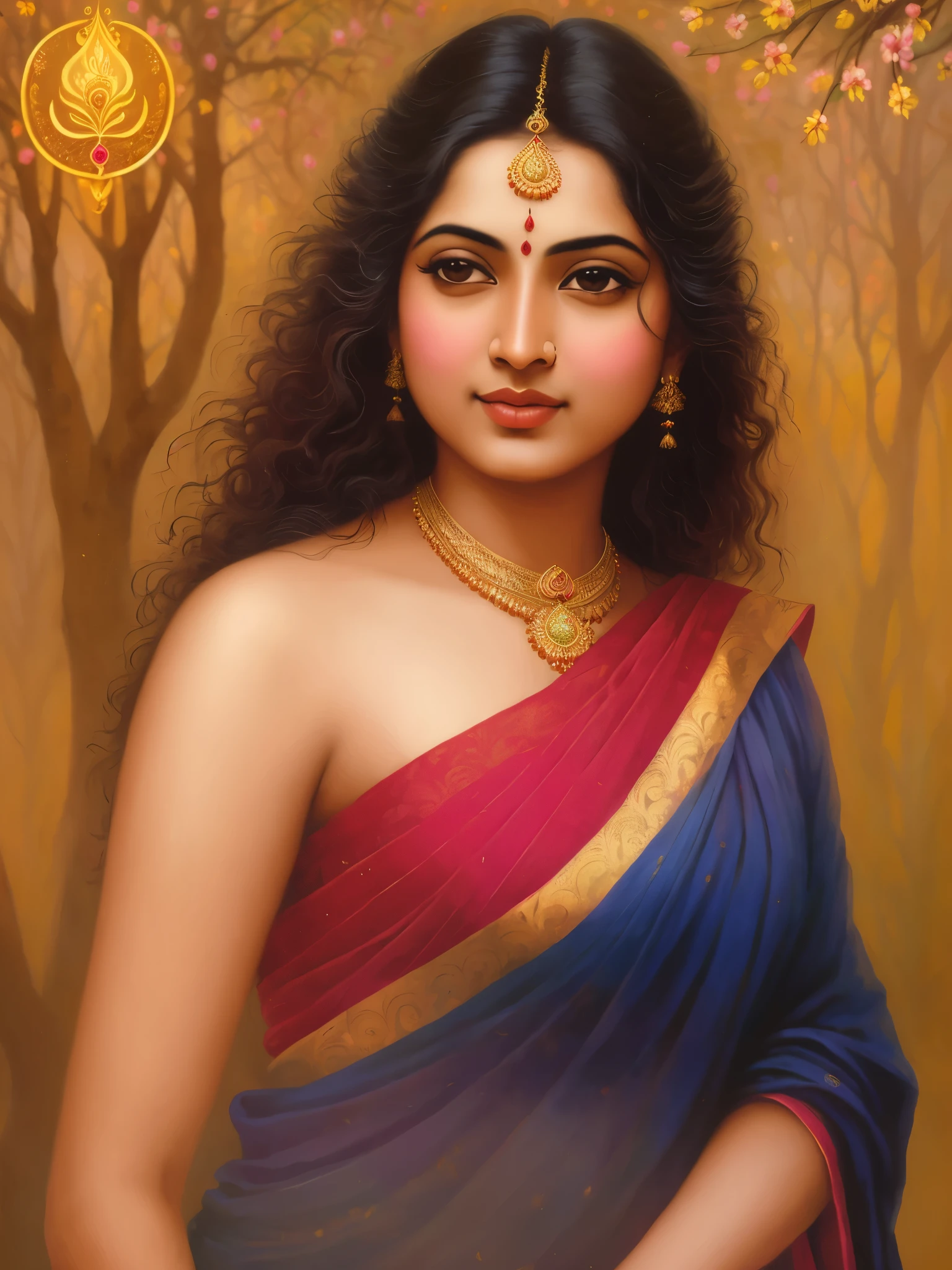 Nair Lady, Sundari, paramasundari, Apsara, goddes, exotic Indian art, (solo), by artist Raja Ravi Varma, Realistic, 8K, ultra-detailed, Unreal Engine, midjourney art style impressionism, abstract, (oil painting , dry brushstrokes), negative space, beautiful magical forest with blooming flower in background,