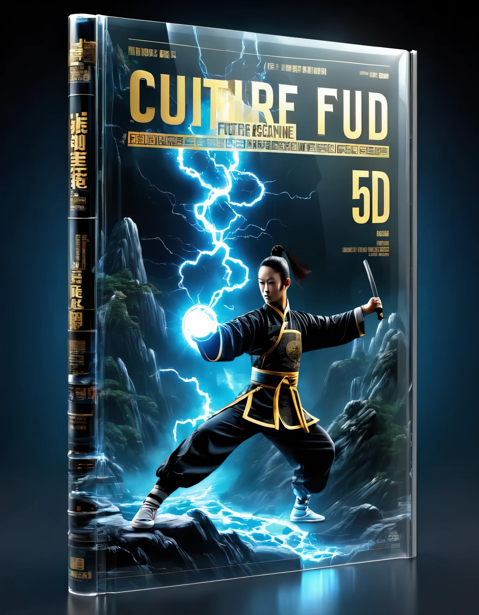 Transparent 3D Future Magazine Design (with a lot of text floating on the cover: 0.85) Photography, macro photography, magazine standing together with 3D handsome Kung Fu Kid, majestic Kung Fu Kid, punching movements, waterfall like text flash, text flat black and white newspaper text, depth of field, DSLR, complex details, studio lighting, 8k, high-definition, future science fiction magazine, screen magazine, cyberpunk art, 3D book art, Background: Future science fiction world, visual illusion art, blue lightning, light