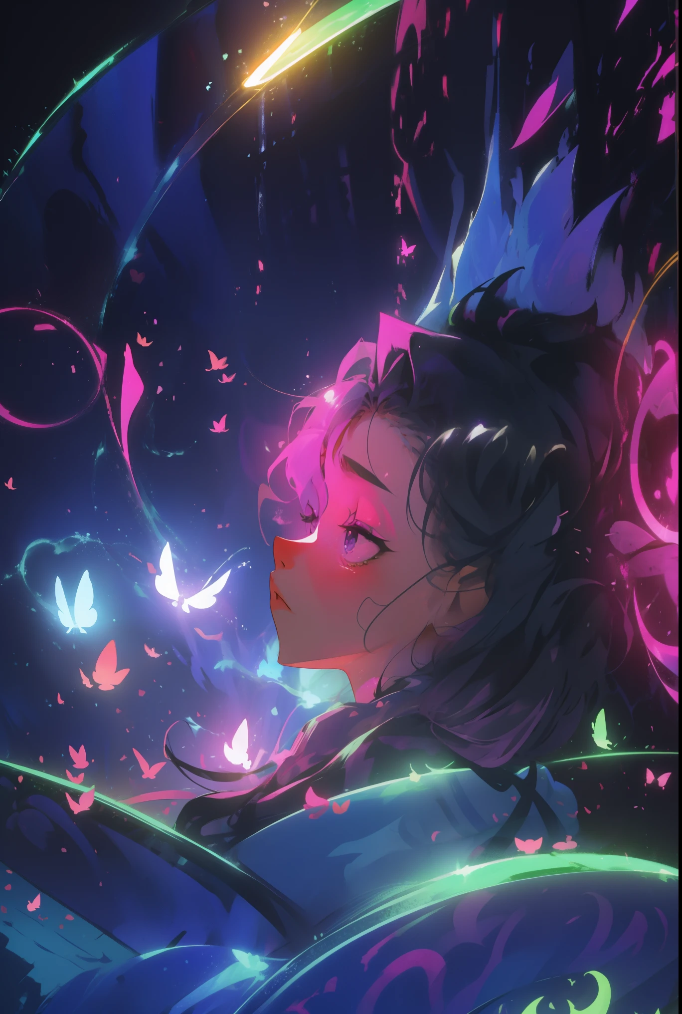 Enchanted mystical girl, neon colored butterflies, mini hadas doradas, Hongos brillantes que liberan polen., (ultrarrealista), {Fondo de pantalla de unidad CG de 8k extremadamente detallado}, (una vista baja que prioriza toda la escena), (vista de campo abierto), (low angle shot), (destacar: 1.5), (luz baja: 1.0), (warm light source: 1.0), detalles complejos, (colores iridiscentes: 1.5), (bright lighting), (atmospheric lighting), naturaleza, magical