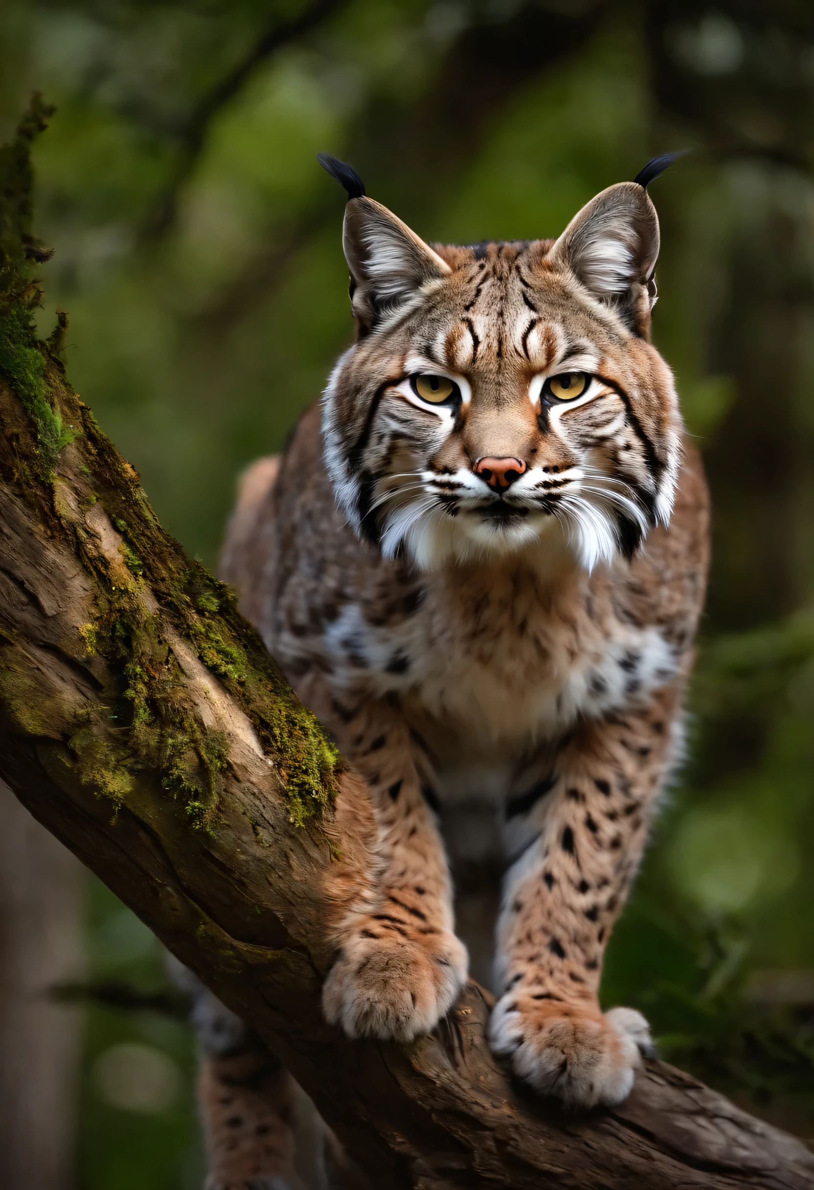 Bobcat ready to pounce, sitting on a tree branch looking at the camera realistic