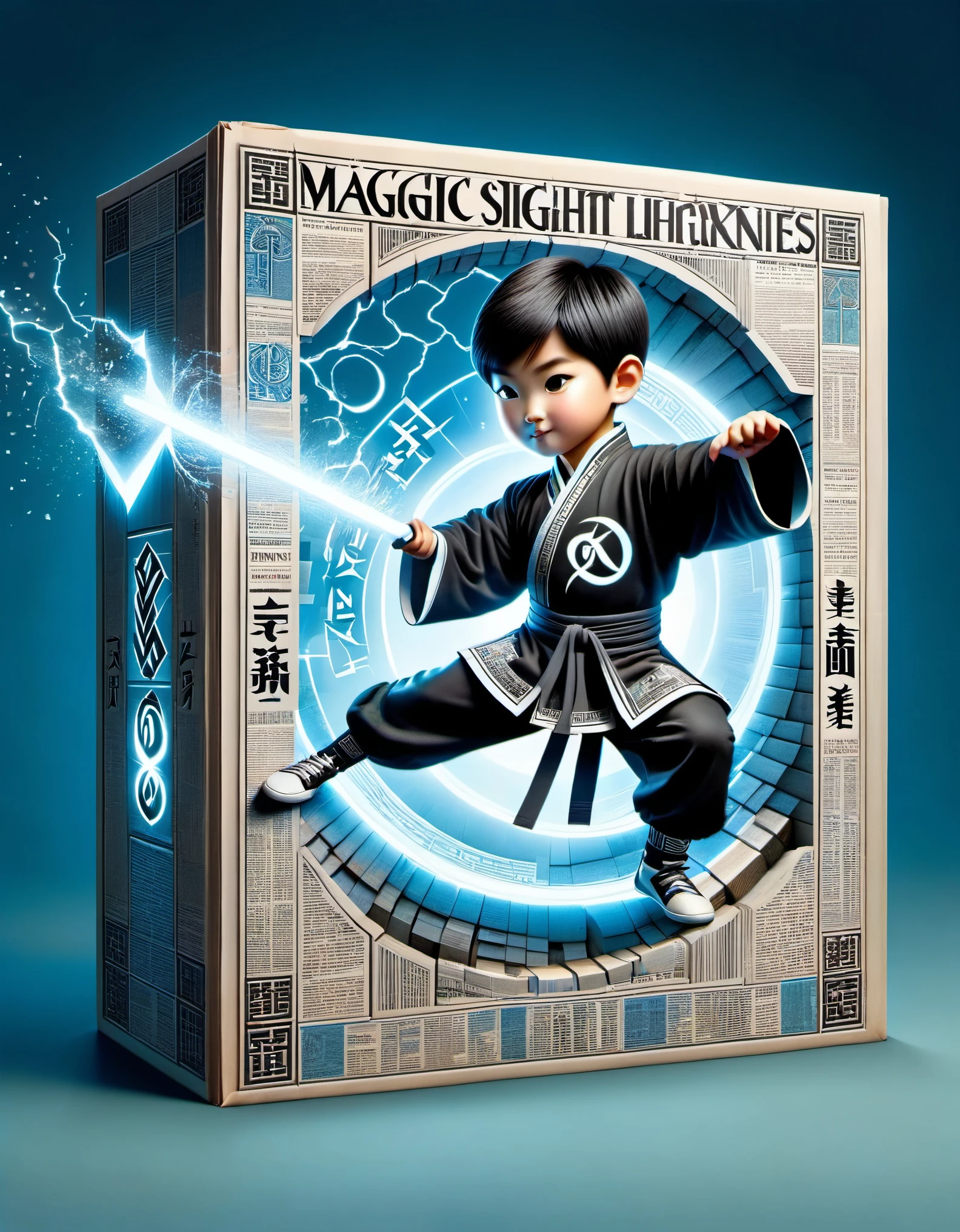 Magic magazine cover design, (a three-dimensional kung fu boy broke through the cover), the mighty magic kung fu boy is breaking out of the newspaper, ruptured large hole, the action is vivid, and realistic, the title of the magazine, "Magic Sight," emits a faint magical light, unique and eye-catching black and white fonts and magical runes in the form of inlaid in the cover's borders, the newspaper,Optical illusion art,blue lightning,Light