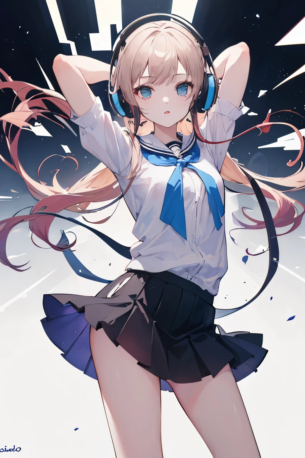 ((Mejor calidad)), ((obra maestra)), (detallado), perfect face with headphones and a sharp shooter on her back and she is standing in a miniskirt ,que sea anime y mujer
