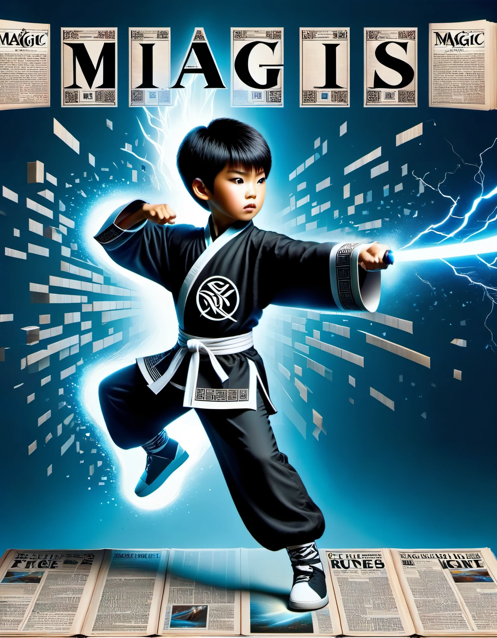 Magic magazine cover design, (a three-dimensional kung fu boy broke through the cover), the mighty magic kung fu boy is breaking out of the newspaper, ruptured large hole, the action is vivid, and realistic, the title of the magazine, "Magic Sight," emits a faint magical light, unique and eye-catching black and white fonts and magical runes in the form of inlaid in the cover's borders, the newspaper,Optical illusion art,blue lightning,Light