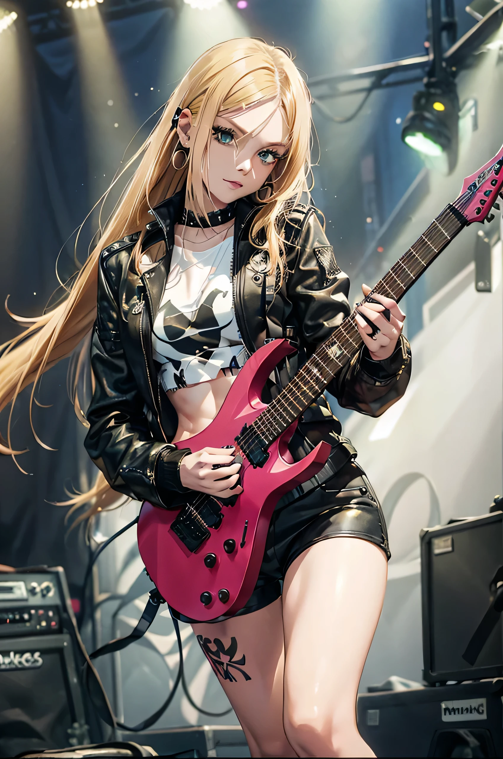 realistic:1.2, Rocker girl wearing a leather jacket,slim body shape、Normal bust size、 highly realistic photograph, full body shot, 12 electric guitars, clothes with spikes,white tank top、Navel exposure、Low-rise leather shorts,tattoo,earrings dark lipstick, blue eyes,Blonde twin tail hair,black ribbon, beautiful and perfect legs, confident look, punk style ,dynamic pose, dynamic lighting, colorful stage,colorful stage lights, Aria Alexa 65, 50MM lens