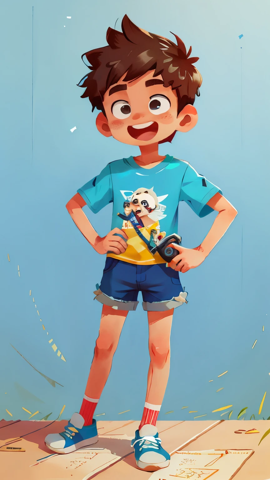 Um feliz encostado em uma parede com uma blusa com um controle de videogame, suede shorts and blue sneakers