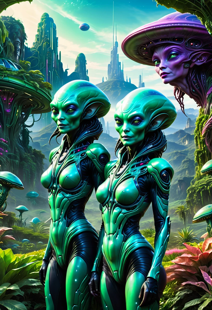 Cinematic frame, 2 beautiful alien women in fantastical alien outfits pose against the backdrop of lush alien landscape with unreal and breathtaking views, one shot, focus on the center of the image, highly detailed big budget Hollywood film , fabulous, granularity. Glossy image