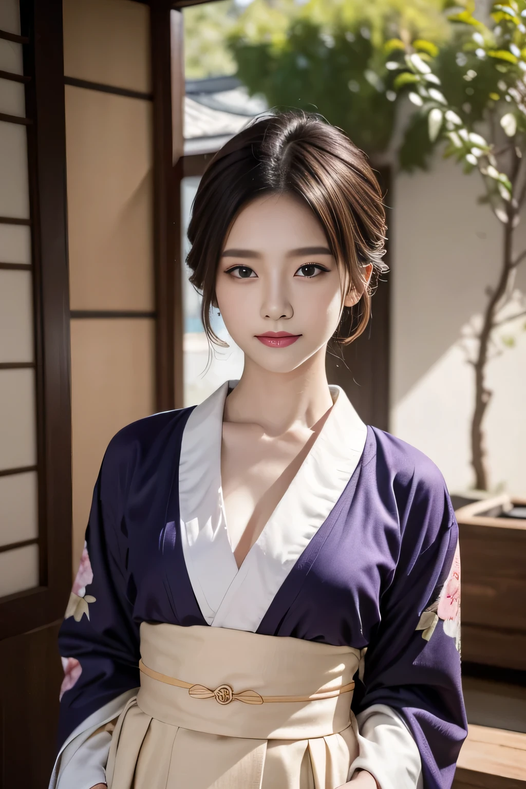 masterpiece, ultra high res, (photorealistic:1.4), 8k, RAW photo, best quality, detailed shadow, amazing, finely detail, official art, absurdres, sharp focus, upper body shot, (ultra-detailed), highly detailed portrait of a beautiful queen, 
BREAK, 
1girl、Japan Germans、Indian Beauty、Dark mascara、big eye、drooping eyes, Dark eyeliner、Dark red rouge、red-lips、chic body、thin-waist、skeletalstraight、Superb Style、, sitting, fetal_position, [upright], curvy, (1girl), ((lips)), (nose), ((long face)), mature female, blossom tree, seductive, elegant, stylish, sultry, sexy,  F cup, grin, looking at viewer, Beautiful fingertips、Bust is 85 cm、 Taut chest、small-breasted、muscle、((Hourglass figue)), intricate detailes、hightquality、(High class:1.4)、super realistic 8K、face perfect、Perfect、clean、​masterpiece、Professional artwork、famousartwork、face perfect、Beautiful expression、beautidful eyes、hald-up hair、Beautiful woman with refreshing sexiness and outstanding proportions、 A dark-haired、clothes shiny、
BREAK, 
(wearing a oiran outfit:1.3), (dark-purple kimono out fit:1.3),  (Japanese clothes:1.3),  laurel crown, (chiton:0.7), flowers, 
BREAK, 
textured, patterned, cinematic, trending on artstation, dynamic posture, wide shot, dramatic lighting:1.1, (gradients), nature, (perfect face), outline, sharp focus, warmth, light particles, (depth of field), (intricate details:1.2), (extremely detailed background), east asian architecture, dynamic lighting, in the dark, deep shadow, low key, intricate detail, detailed skin, pore, highres, hdr, 4k, realistic,