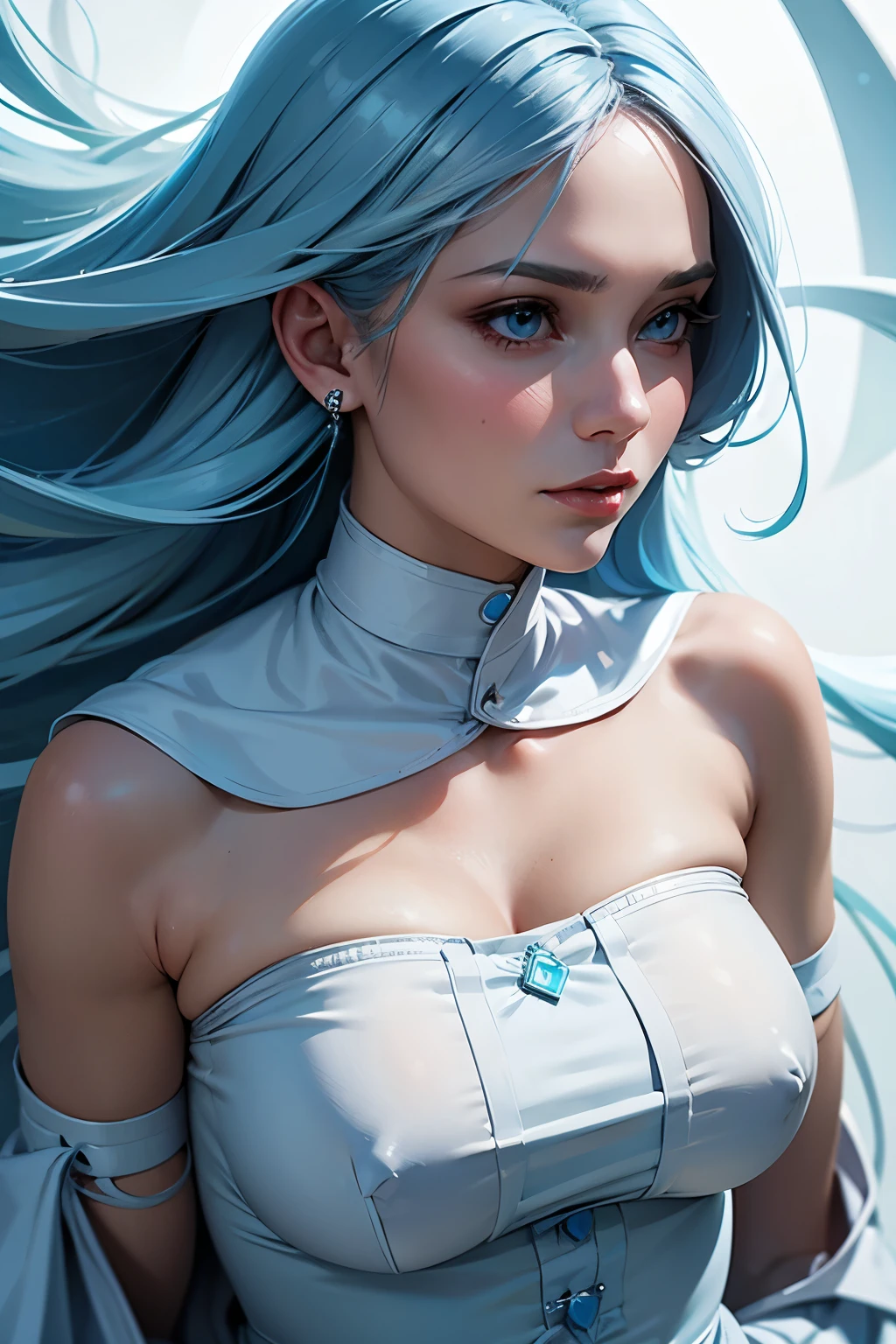 1 girl with long light blue hair, white skirt, close-up of face