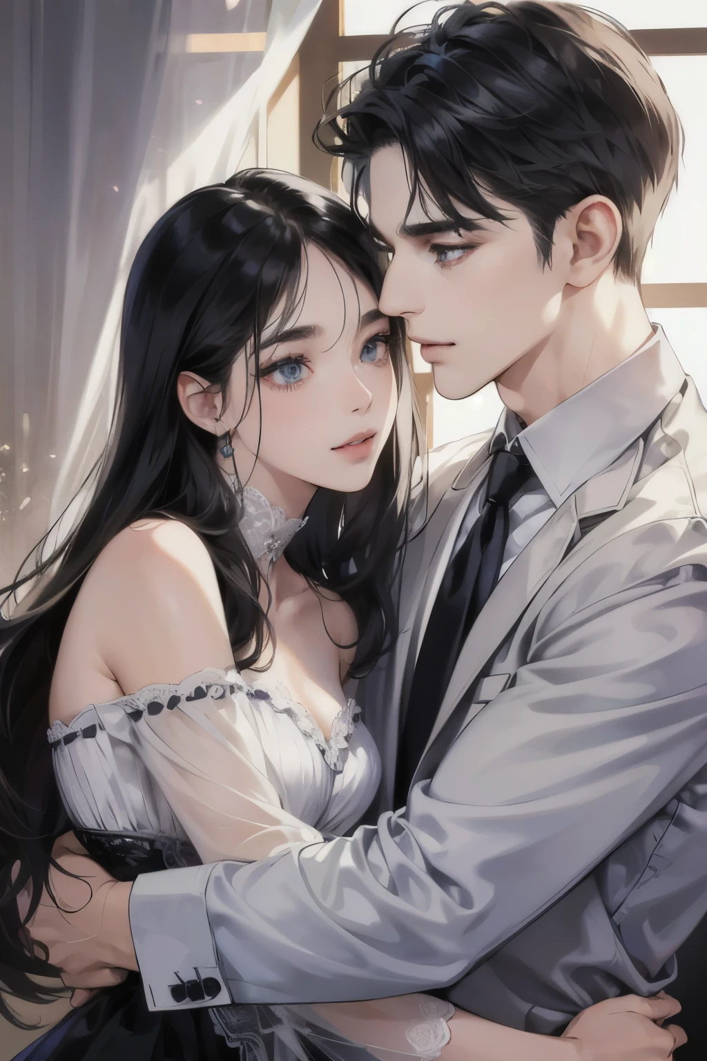 (table top, digital art, digital illustration, 4k, 8K, Super detailed, beautiful images, clear image, realistic, Raw photo, perfect face, perfect lines, perfect eyes, soft lighting) 1 female, (long black hair,One Len、straight hair、bullish look,Beautiful woman,suit,solid makeup,small breasts、23 year old female,:1.3),secretary, suitを着たハンサムな男性 2 人, (human,suitを着た男,muscular,solid shoulder width, human,boyish hairstyle,british gentleman's style,A man in his 30s with a cool expression,28 year old man with a bright smile:1.2),Light-filled living room、couple、coupleキス、romance、romanceポルノ、look at each other、hug each other