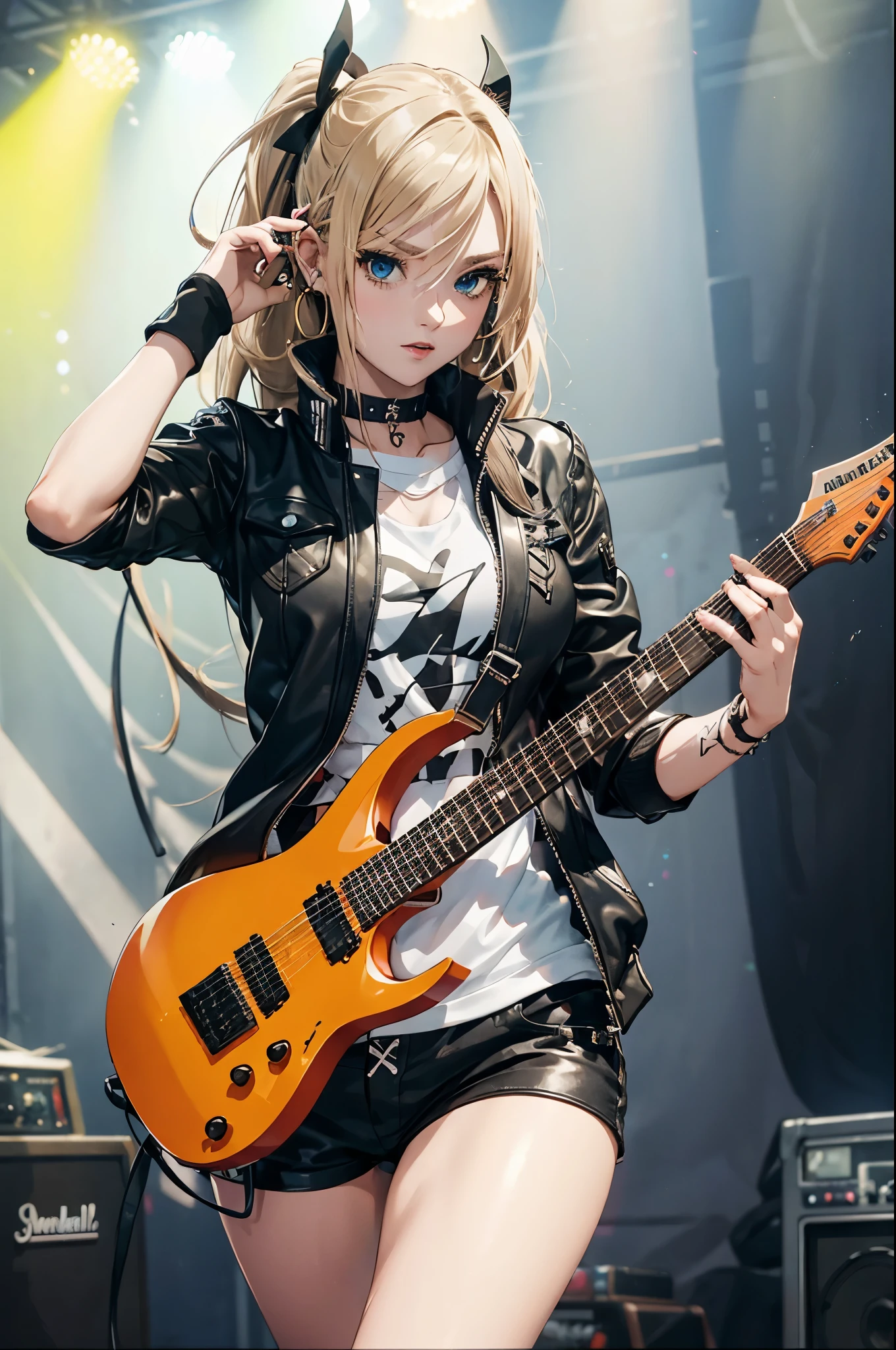 realistic:1.2, Rocker girl wearing a leather jacket,slim body shape、Normal bust size、 highly realistic photograph,  full body shot, １two electric guitars, clothes with spikes,white tank top、Navel exposed、low rise leather shorts,tattoo,earrings dark lipstick, blue eyes,blonde twintail hair,black ribbon, beautiful and perfect legs, confident look, punk style ,dynamic pose, dynamic lighting, brightly colored stage,colorful stage lights,