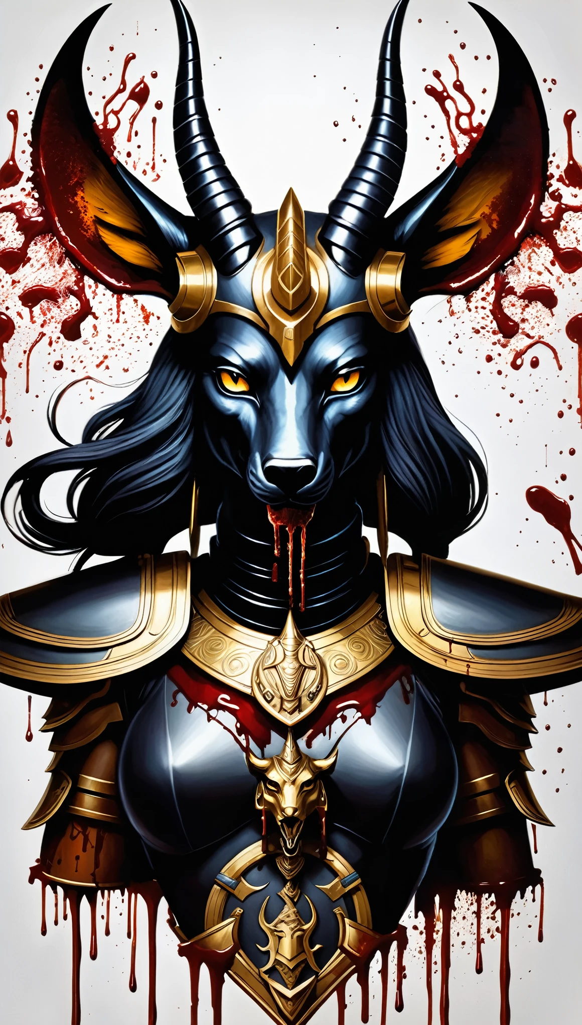 There is a picture of figures, The painting depicts an animal with a golden head and horns, Film Still,unfinished, hatching (texture),Full body portrait of dragoon, Mysterious Anubis Valkyrie, Super detailed fantasy characters, Robot dragon portrait, Sleipnir's photo, ghost of anubis, 4K details fantasy, Polaroid Counting Trends, zbrush contest winner, Draw with zbrush, zbrush central contest winner, horse warrior, (The whole body is covered with blood:3)