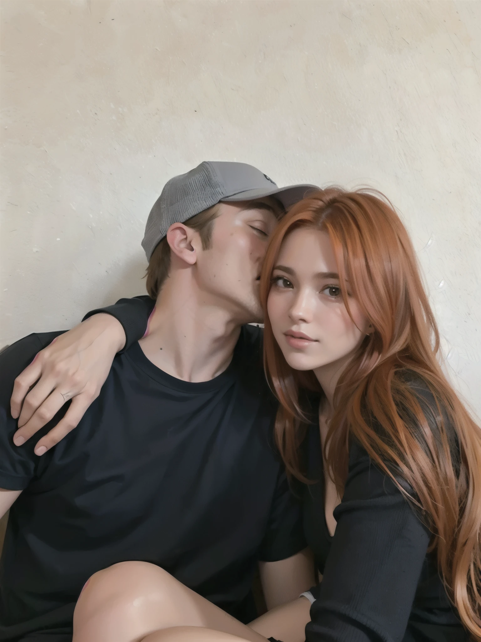 There is a man and a woman sitting on a bed hugging each other, ella tiene el pelo largo color naranja, She has long orange-brown hair., con el pelo largo y rojo, pelo rojo largo y suelto, pelo largo de jengibre, Mara Jade y Luke Skywalker, cabello pelirrojo suelto, Con cabello rojo, they are in love, pelo y pelaje de jengibre, estan cerca el uno del otro, imagen de perfil